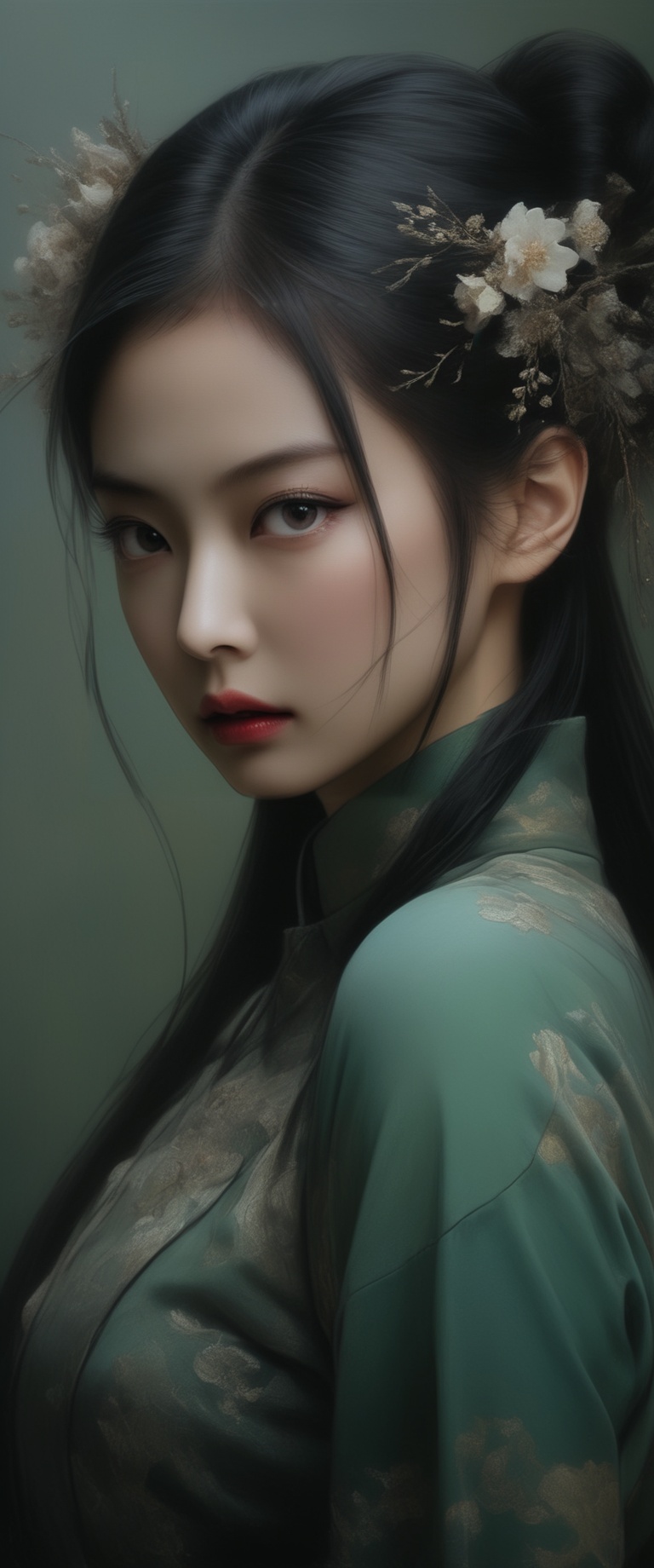 breathtaking RAW photo of female ((Imagen de una mujer con un vestido verde en un bosque.,  retrato geisha con flequillo,...