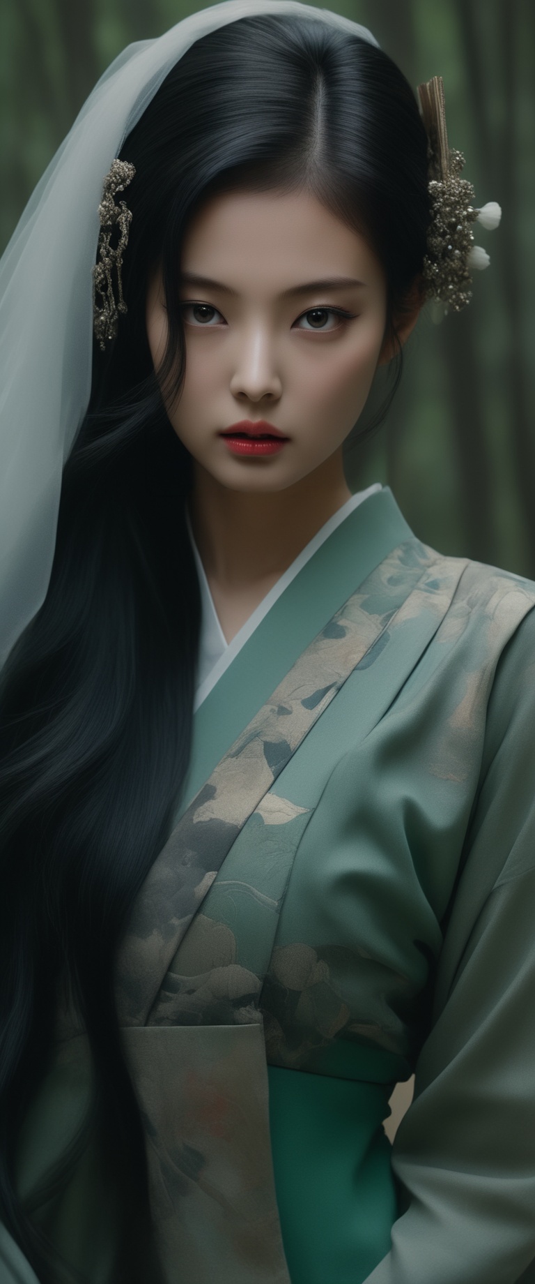 breathtaking RAW photo of female ((Imagen arafed de una mujer con un vestido verde en un bosque.,  retrato geisha con fleq...