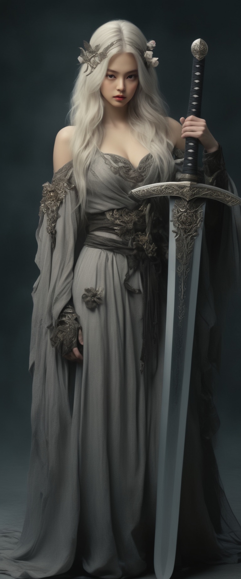 woman in a black robe holding a sword and a rose bush.,  white-haired deity,  beautiful elf in ornate robes on Tensor.Art