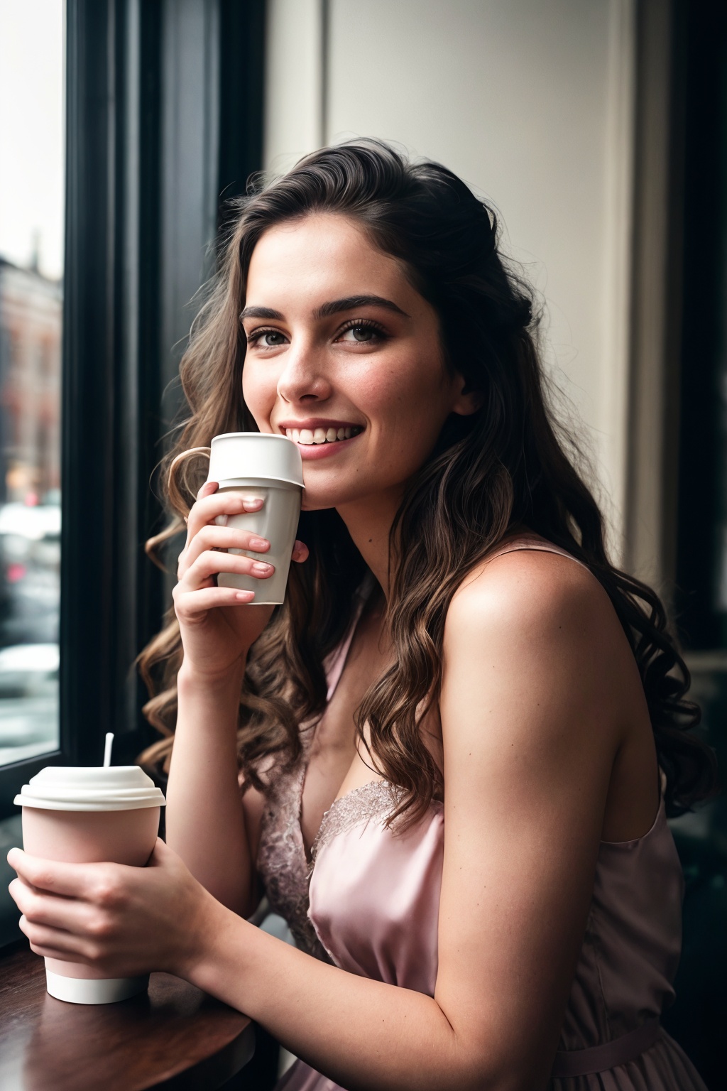 Wide-angle view of a pretty fashion model looking at the camera,  expressing a complaint as if it's our fault,  sad and th...