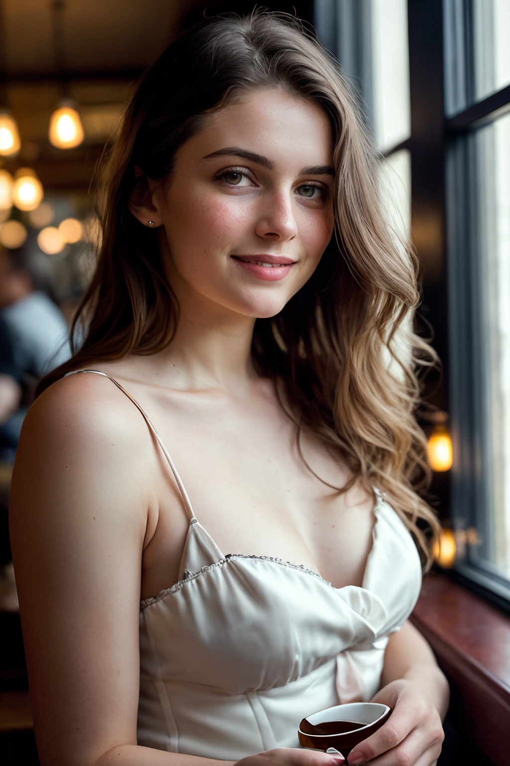 Wide-angle view of a pretty fashion model looking at the camera,  expressing a complaint as if it's our fault,  sad and th...