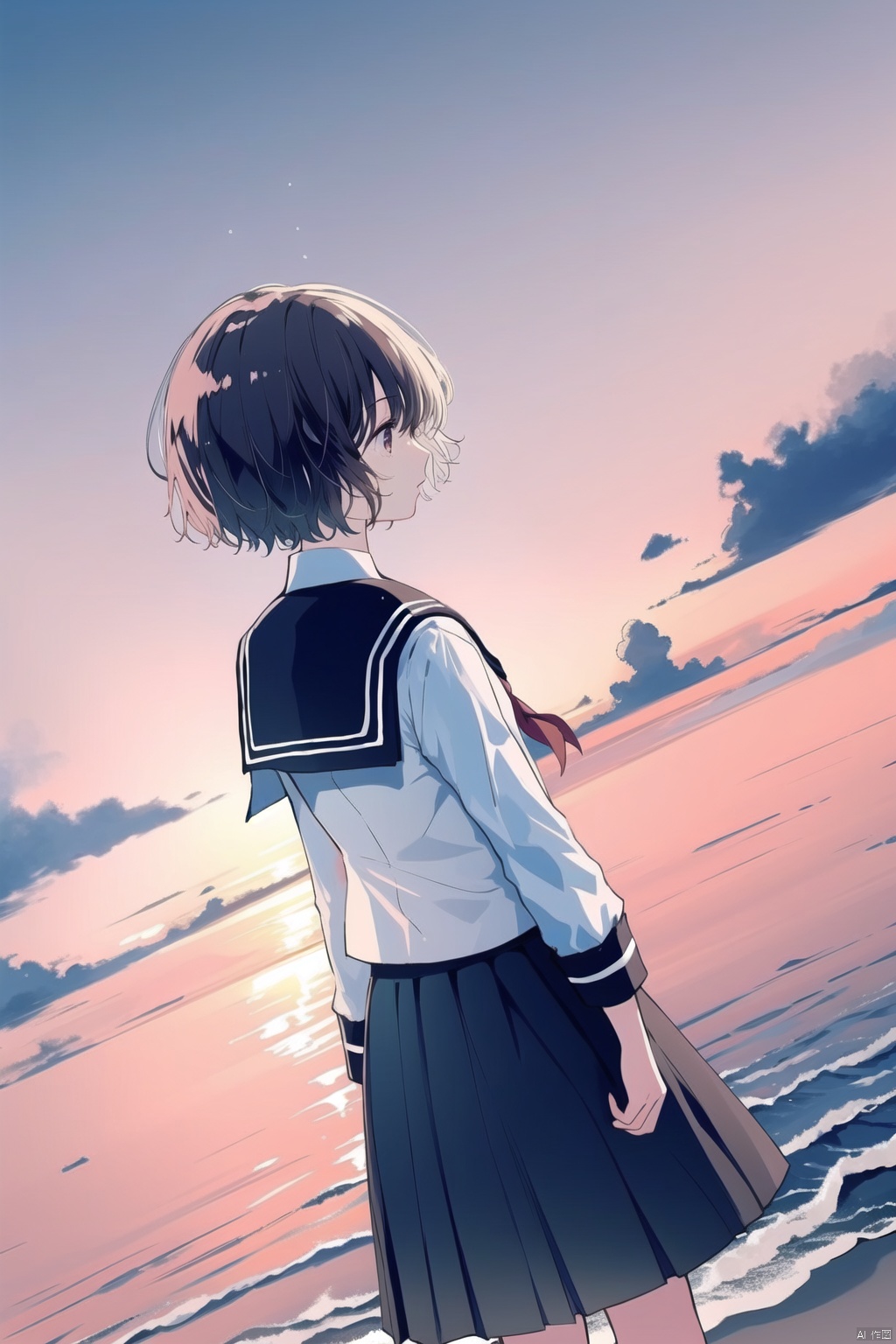 hagimorijia, bad id, bad pixiv id, black sailor collar, black skirt, brown hair, cloud, commentary request, dutch angle, evening, facing away, feet out of frame, from behind, highres, horizon, ocean, original, outdoors, sailor collar, scenery, school uniform, serafuku, shirt, short hair, short sleeves, skirt, sky, solo, standing, sunset, white shirt
