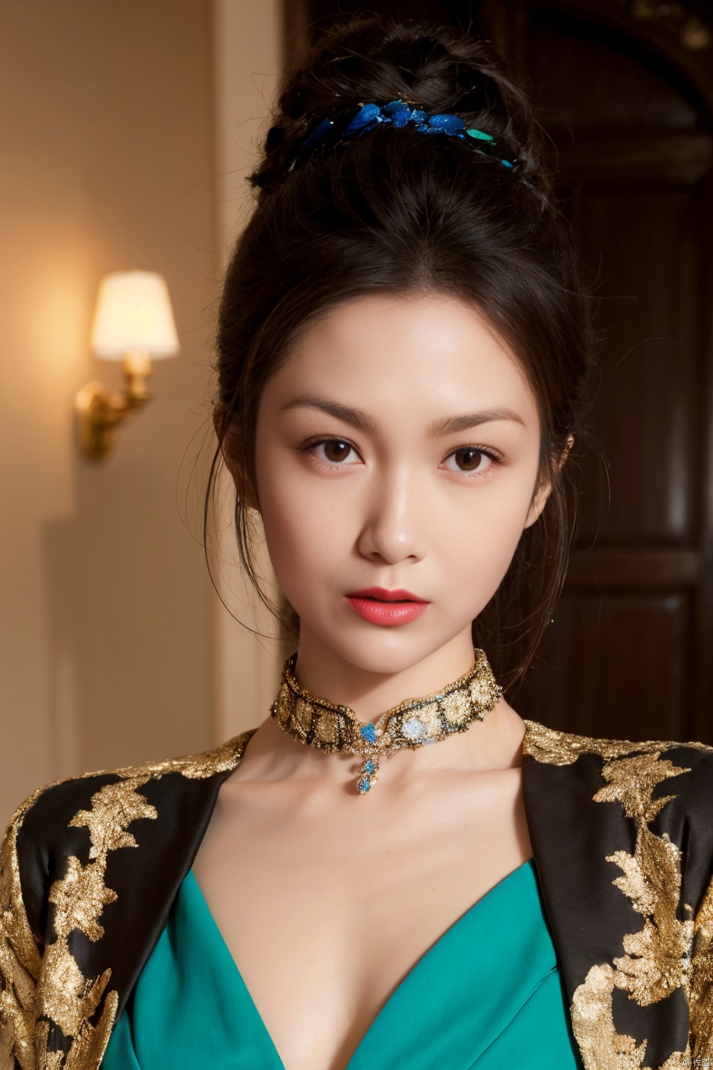  Surrealist beauty photo, a beautiful woman wearing complex and detailed colored clothes and future jewelry, low cut.
