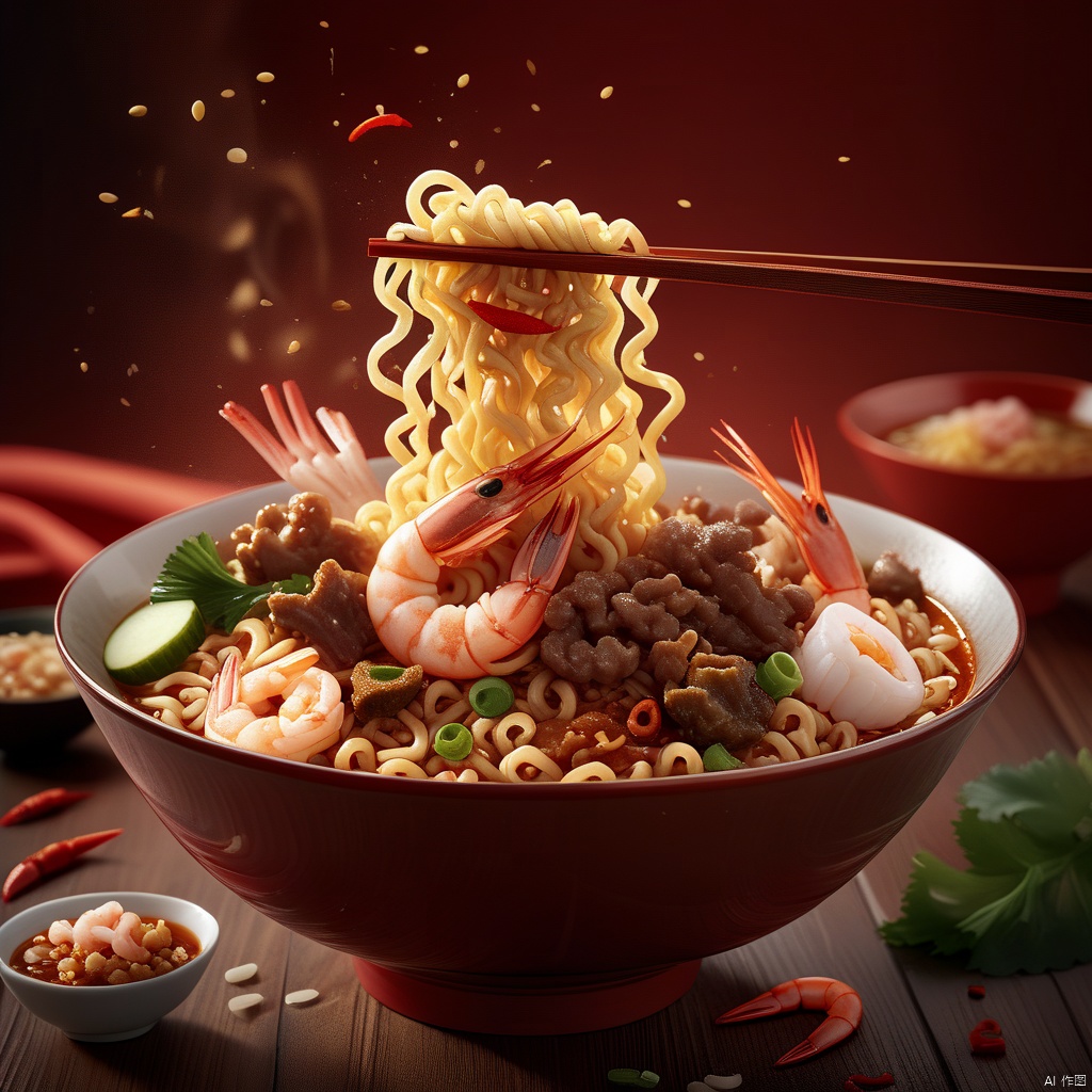 (8k, RAW photo, best quality, masterpiece:1.2),Commercial Photography, instant noodle in bowl and chopstick, topping with prawn and meat. White Lighting, 8k Rendering, High Resolution Photography, Extraordinary Detail, Fine Detail, On Solid Wooden Table, Red Background, 8k, Commercial Photography, Stock Photography, Professional Color Grading::1