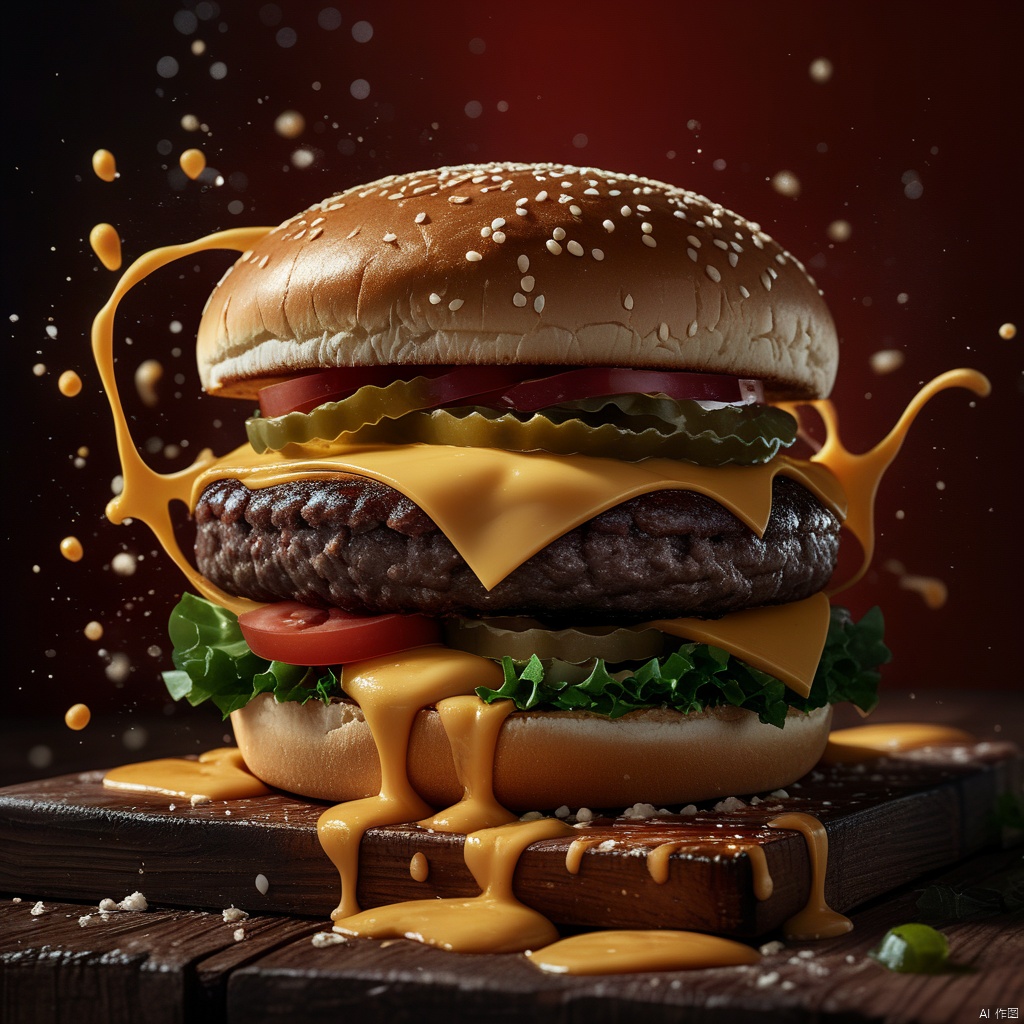  (8k, RAW photo, best quality, masterpiece:1.2),Commercial Photography, Splatted Cheese, Dark Tones, Suspended Layered Hamburger Buns::1.3 , White Lighting, 8k Rendering, High Resolution Photography, Extraordinary Detail, Fine Detail, On Solid Wooden Table, Red Background, 8k, Commercial Photography, Stock Photography, Professional Color Grading::1