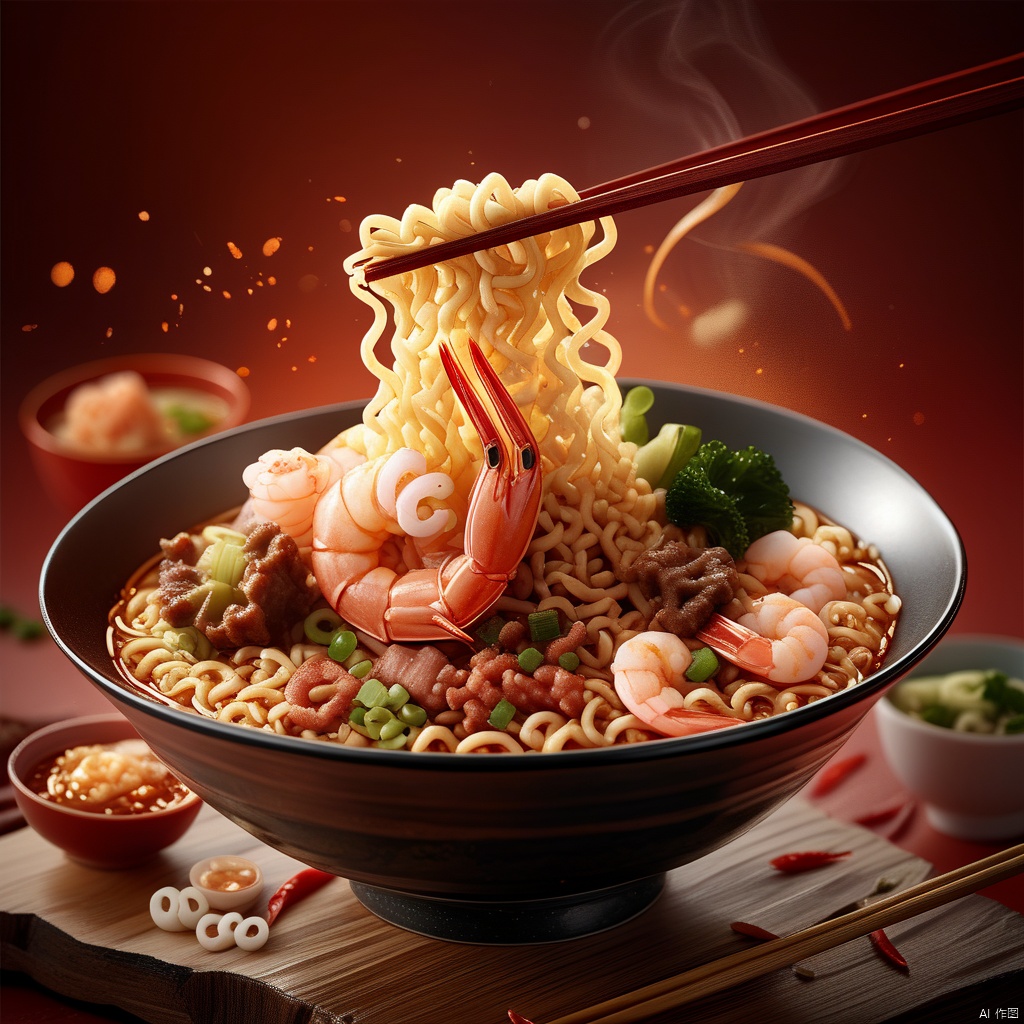  (8k, RAW photo, best quality, masterpiece:1.2),Commercial Photography, instant noodle in bowl and chopstick, topping with prawn and meat. White Lighting, 8k Rendering, High Resolution Photography, Extraordinary Detail, Fine Detail, On Solid Wooden Table, Red Background, 8k, Commercial Photography, Stock Photography, Professional Color Grading::1