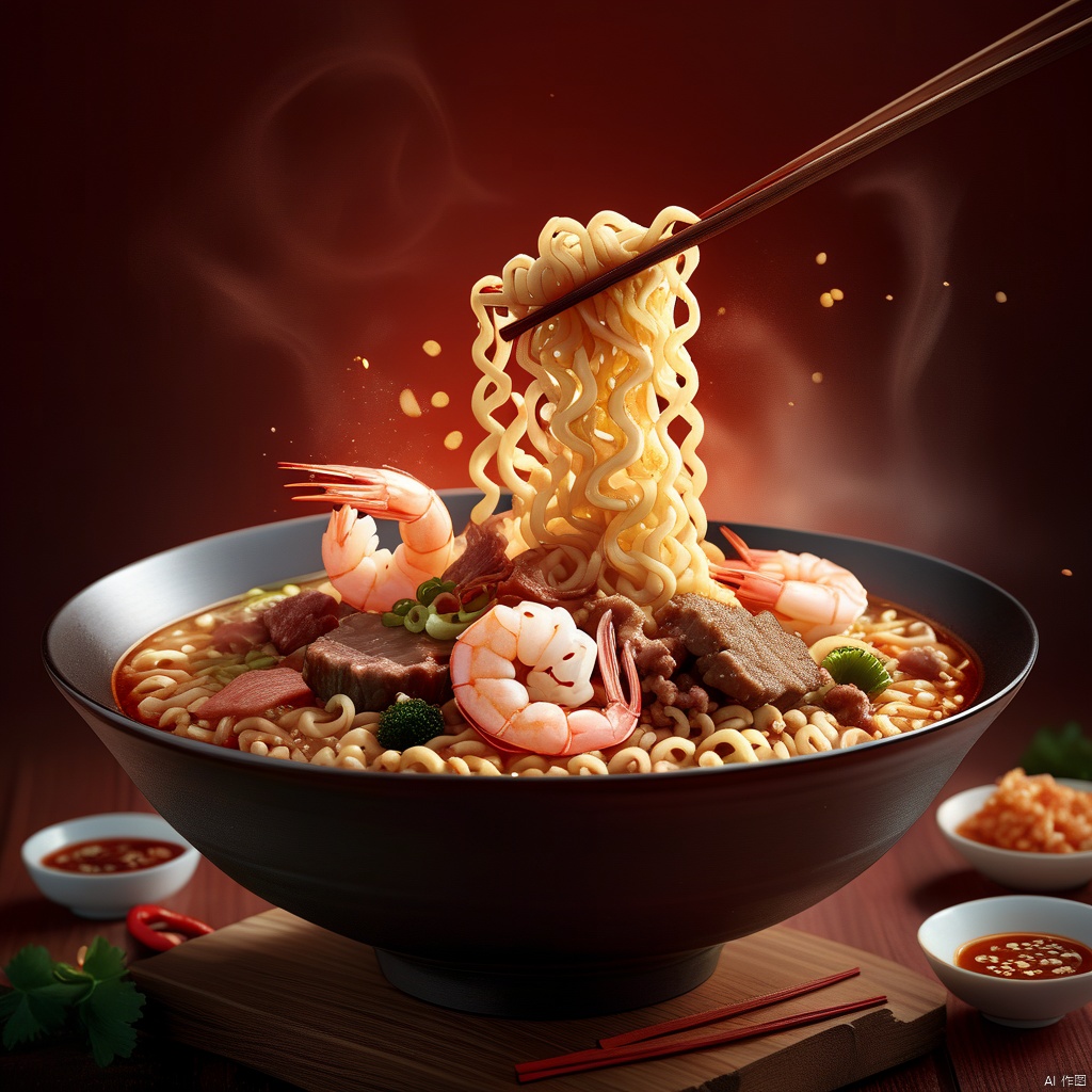  (8k, RAW photo, best quality, masterpiece:1.2),Commercial Photography, instant noodle in bowl and chopstick, topping with prawn and meat. White Lighting, 8k Rendering, High Resolution Photography, Extraordinary Detail, Fine Detail, On Solid Wooden Table, Red Background, 8k, Commercial Photography, Stock Photography, Professional Color Grading::1