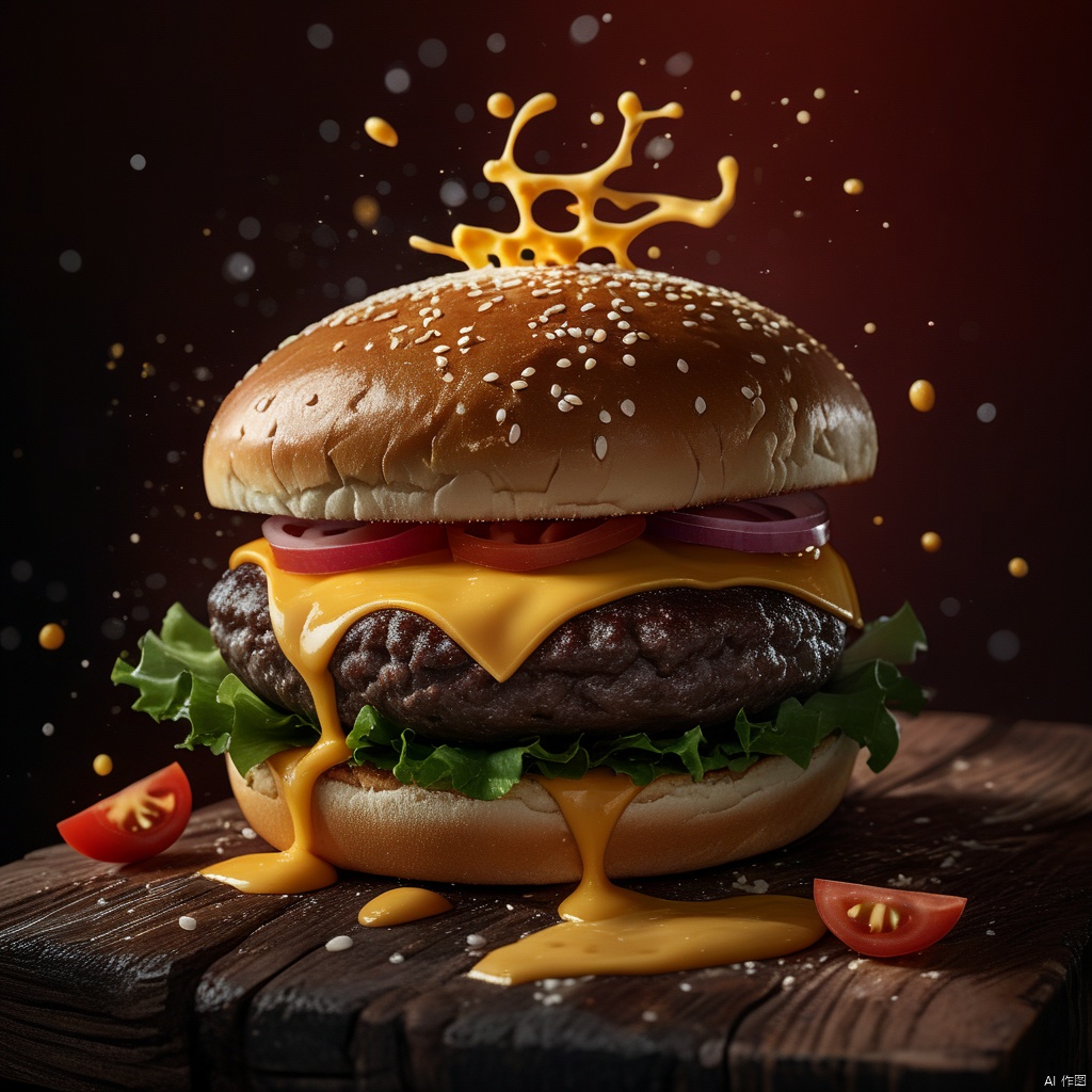  (8k, RAW photo, best quality, masterpiece:1.2),Commercial Photography, Splatted Cheese, Dark Tones, Suspended Layered Hamburger Buns::1.3 , White Lighting, 8k Rendering, High Resolution Photography, Extraordinary Detail, Fine Detail, On Solid Wooden Table, Red Background, 8k, Commercial Photography, Stock Photography, Professional Color Grading::1