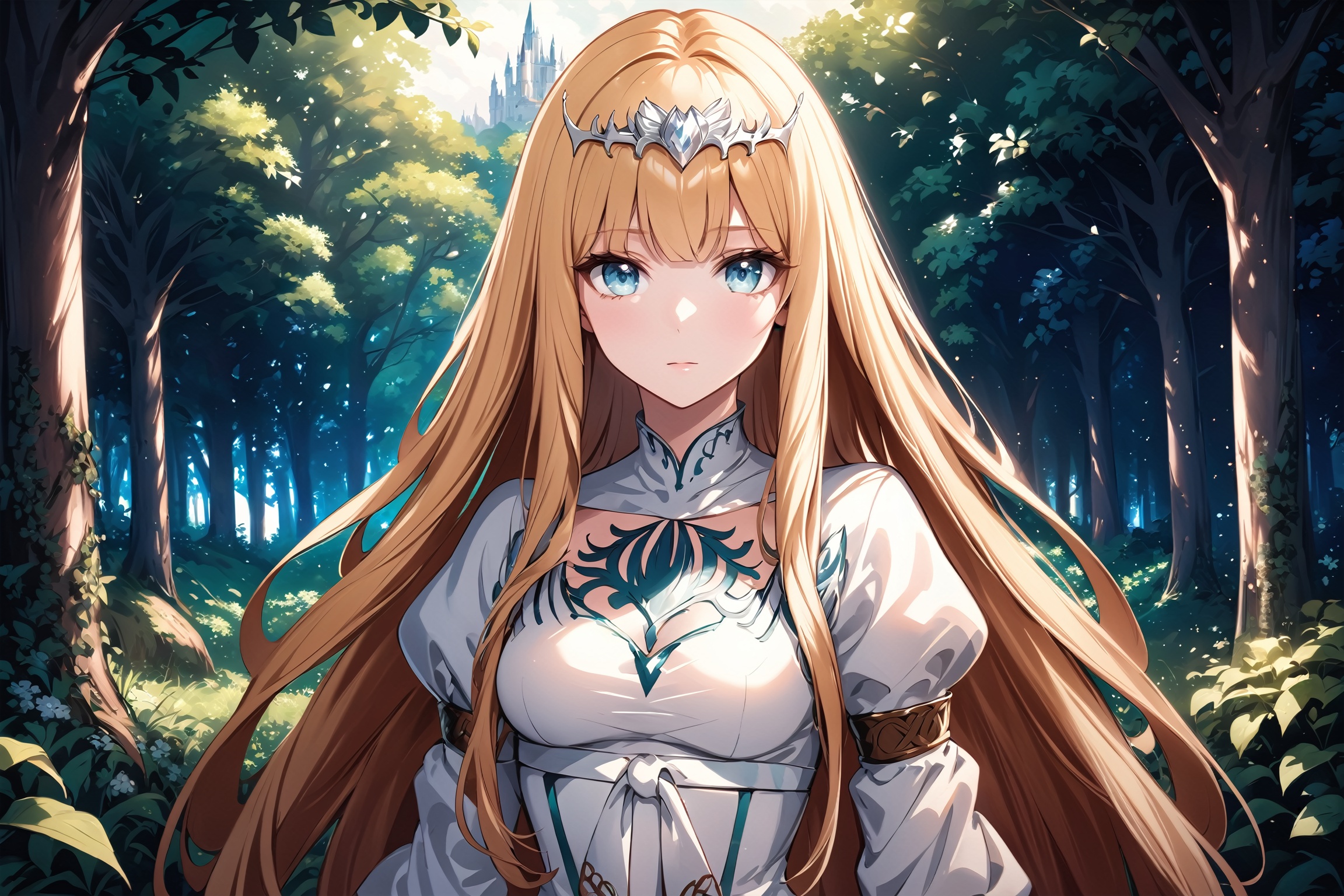 Generate hyper realistic image of a beautiful celtic girl looking directly at the viewer. ,  light blue eyes,  Sweet face...