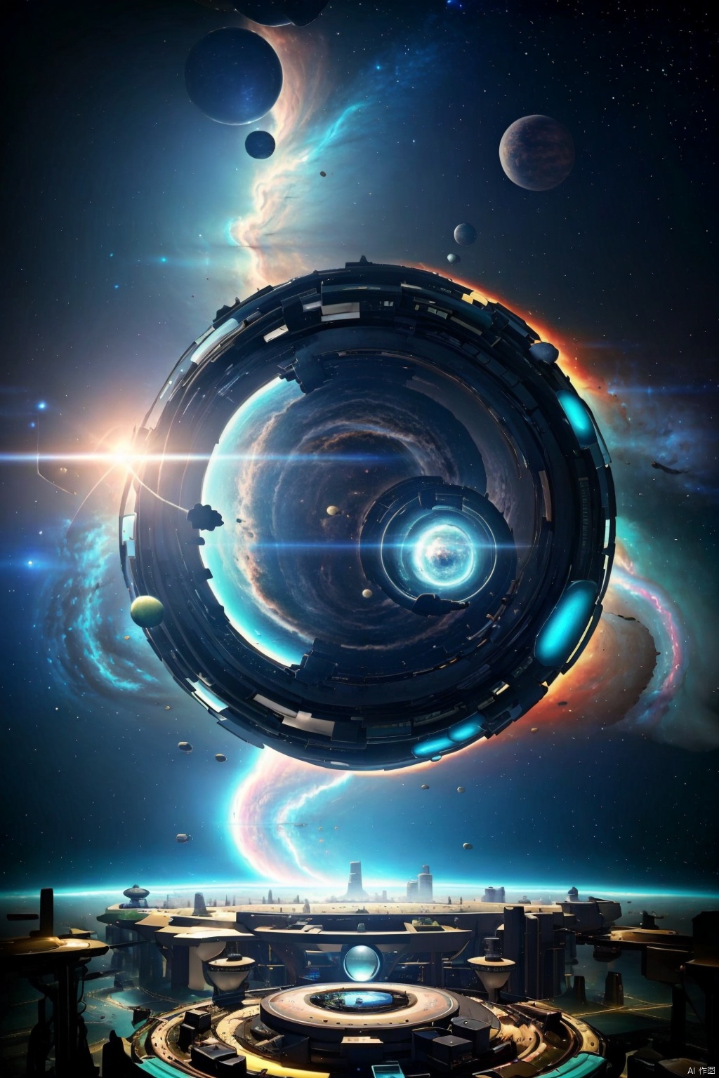 Panorama, no humans, the universe, the sky, the planets, the sun, the broken half planet, khaki, black spots, blue aperture, aperture, Luminous Singularity, Floating City, Sci-Fi Scene 0.5, Holographic Display 0.5, Cosmic Nebula 0.5, Light 0.5, Cyberpunk 0.5, Fantasy Punk 0.5, Sci-Fi Architecture 0.5, Realistic 1.4, Cool, Highest Quality, Highest Picture Quality, 8k Resolution, Super Resolution, Details, Super detail, high detail, perfect detail