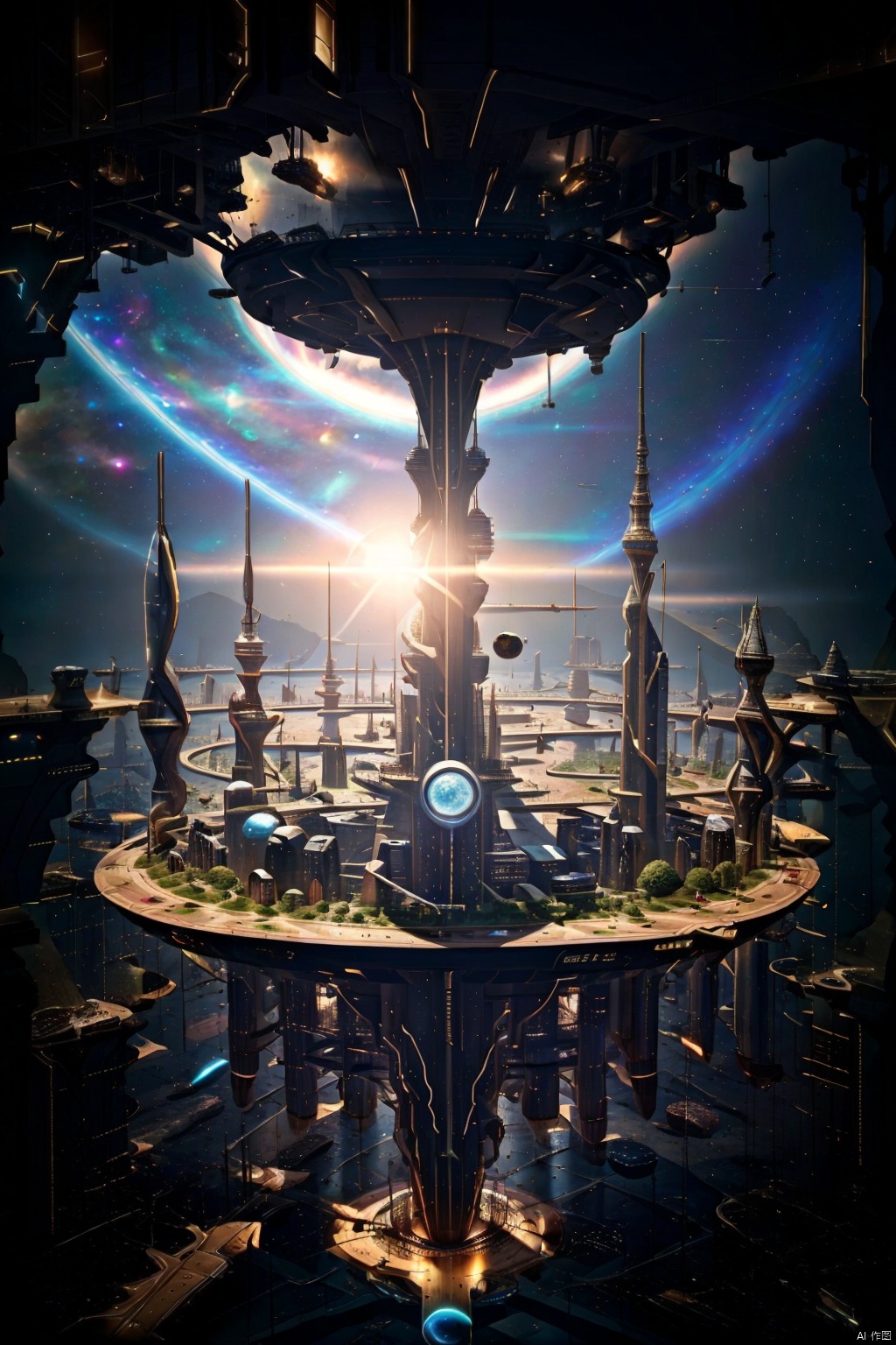 Panorama, Universe, Sky, Planet, Sun, Cities Floating in the Universe, Sci-Fi Scene 0.5, Holographic Display 0.5, Cosmic Nebula 0.5, Ray 0.5, Cyberpunk 0.5, Dreampunk 0.5, Sci-Fi Architecture 0.5, Realistic 1.4, Cool, Highest Quality, Highest picture quality, 8k resolution, super resolution, detail, super detail, high detail, perfect detail