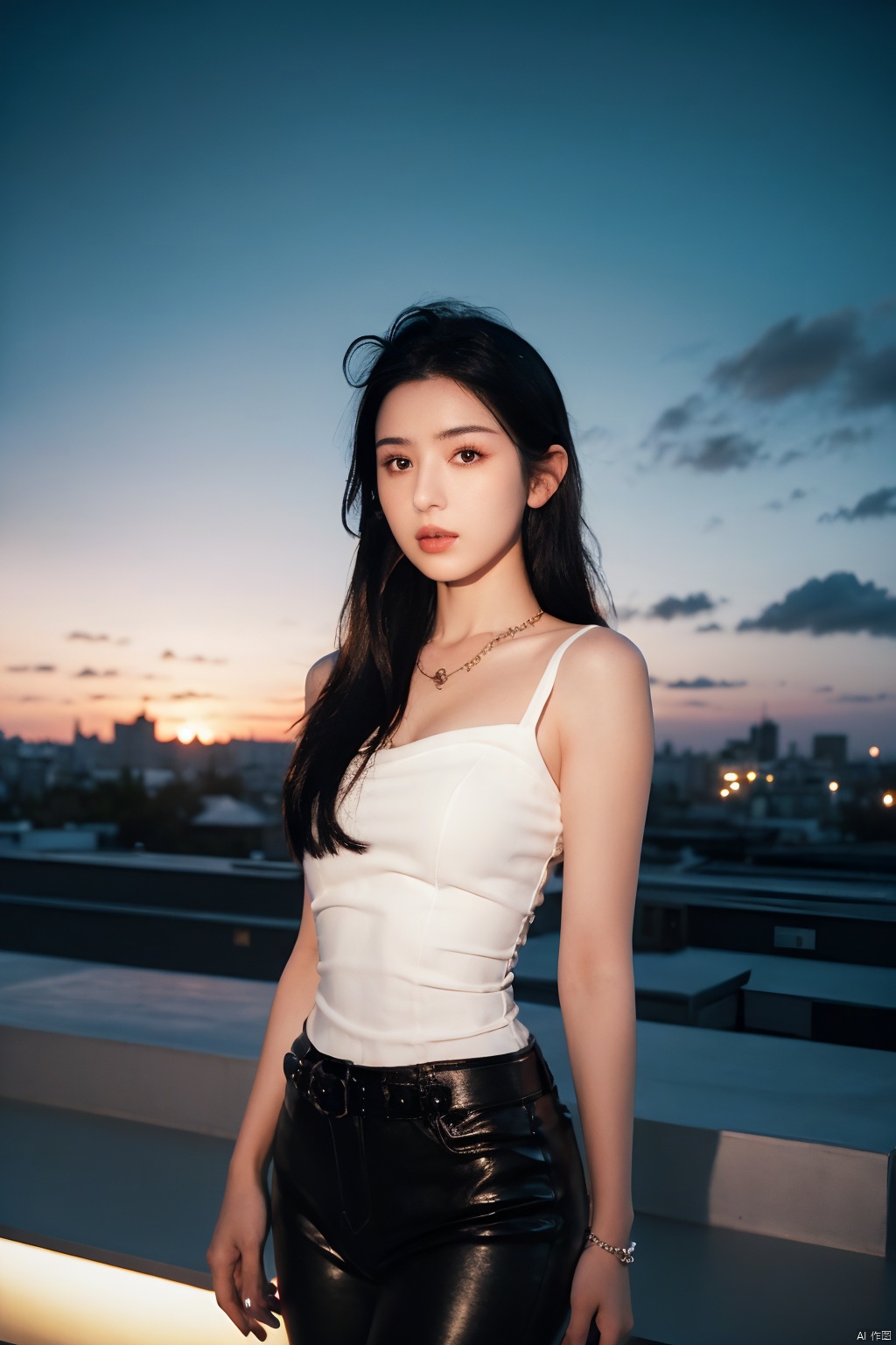  NSFW,Frontal photography,Look front,evening,dark clouds,the setting sun,On the city rooftop,A 20 year old female,Black top,Black Leggings,black hair,long hair, dark theme, muted tones, pastel colors, high contrast, (natural skin texture, A dim light, high clarity) ((sky background))((Facial highlights)), Light master, 1girl