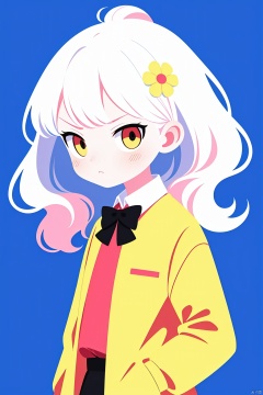  (loli：1.2),(petite:1.2),Pink hair,Yellow eyes, (red Jacket),high ponytail,white collared shirt,hair flower,fipped hair,floating hair,Frown,hands in pockets,black dress,red bowtie,(solo), Extremely simple lines,Blue background,jjmx