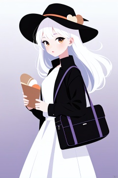  1girl, solo, official_alternate_costume, food, black_dress, bag, dress, black_headwear, white_hair, holding, open_clothes, hat, jacket, purple_jacket, long_sleeves, bangs, cowboy_shot, leaf, orange_eyes, long_hair, parted_lips, bread, owl_ears, open_jacket