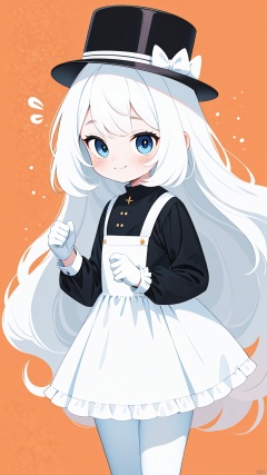 1 tomgirl, best quality, smile, white hair, flowing long hair, blue eyes, solo, aqua_eyes, long sleeved, (pure white dress:1.3), lace, chiffon, white gloves, looking at viewer, facing the viewer, blush, frills, bangs, closed mouth, (white pantyhose:1.2), top_hat, black women's leather shoes, light orange background, jjmx