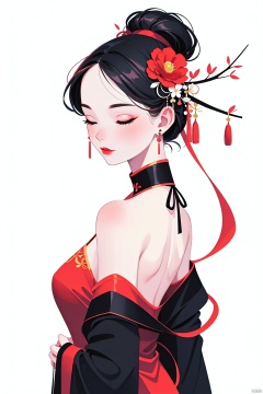  1girl, solo, black hair, hair ornament, long sleeves, dress, bare shoulders, jewelry, closed mouth, closed eyes, upper body, flower, earrings, hair flower, off shoulder, from side, makeup, chinese clothes, red dress, red flower, backless outfit, branch, red lips，Chinese characters