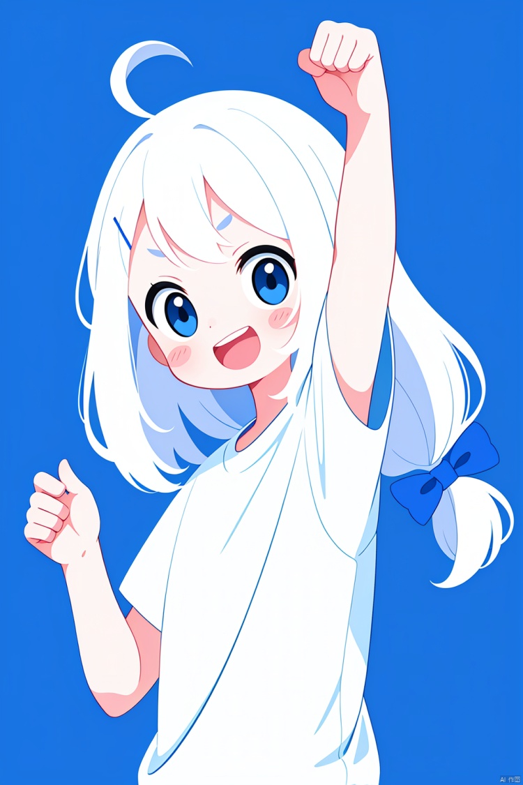1girl, solo, long hair, looking at viewer, blush, smile, open mouth, bangs, blue eyes, simple background, shirt, hair ornament, bow, white shirt, upper body, ahoge, white hair, short sleeves, :d, hair bow, teeth, arm up, upper teeth only, blue background, blue bow, blush stickers, x hair ornament, clenched hand, clenched hands