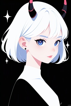 1girl, solo, looking at viewer, blush, short hair, bangs, blue eyes, simple background, jewelry, white hair, earrings, horns, sparkle, black background, portrait, bright pupils, white pupils, black horns