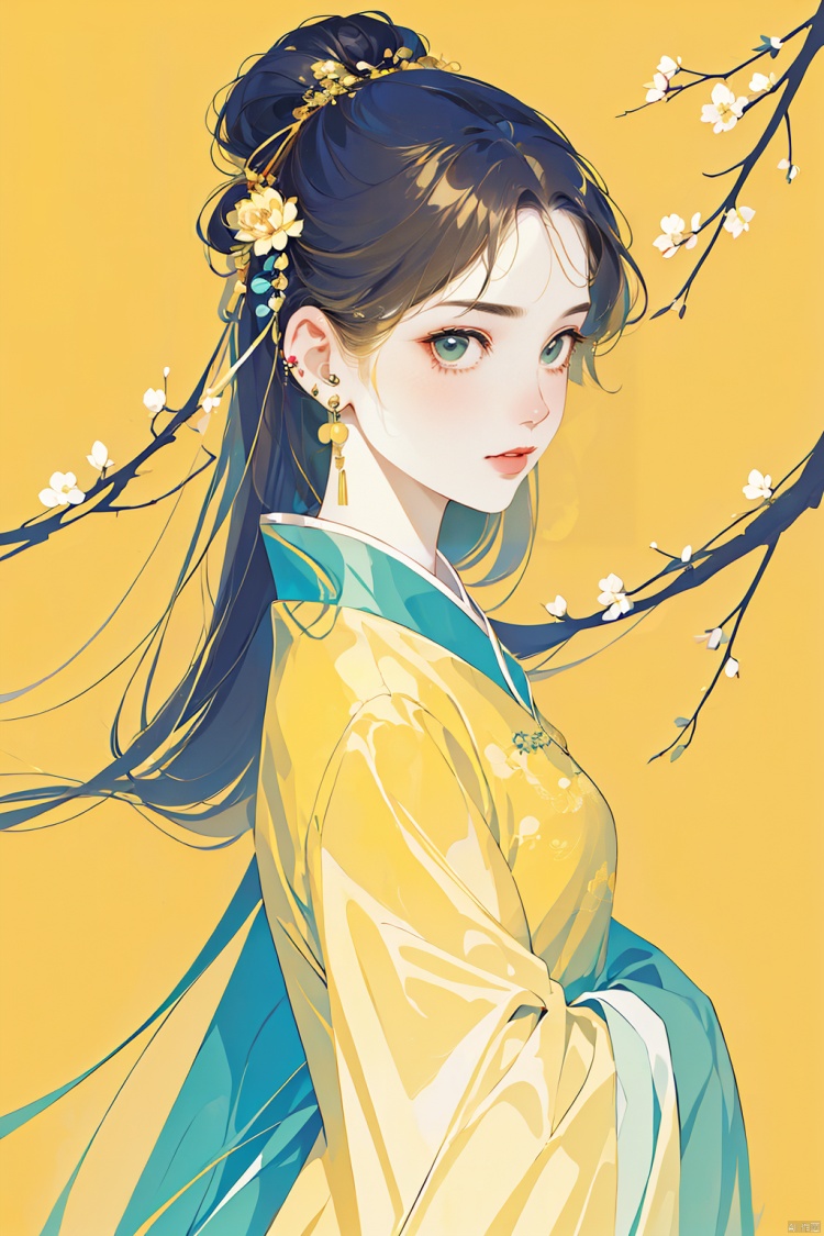  1girl, solo, long hair, looking at viewer, brown hair, black hair, hair ornament, long sleeves, ribbon, jewelry, closed mouth, upper body, flower, earrings, hair flower, from side, chinese clothes, yellow background, branch, yellow theme, jjmx