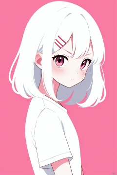 1girl, solo, looking at viewer, blush, bangs, simple background, shirt, hair ornament, red eyes, white shirt, upper body, white hair, short sleeves, hairclip, medium hair, pink eyes, pink background