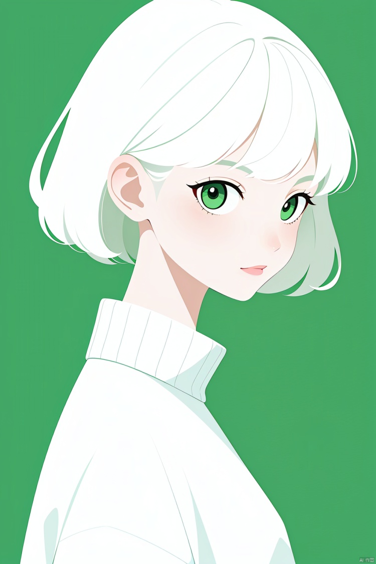 1girl, solo, looking at viewer, short hair, bangs, simple background, green eyes, upper body, white hair, sweater, green background, white sweater