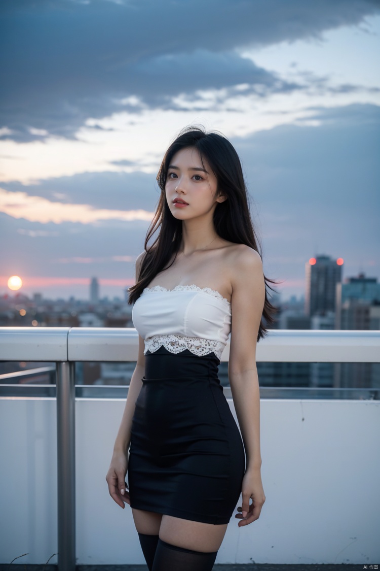  Frontal photography,Look front,evening,dark clouds,the setting sun,On the city rooftop,A 20 year old female,white top,black Leggings,black hair,long hair,dark theme,high contrast,natural skin texture,A dim light,high clarity,sky background,Facial highlights,Strapless,Silk stockings,1girl,solo,fair_skin,skinny,slender,straight_hair,lipstick,bright_pupils,collarbonea,medium breasts,narrow_waist,strapless_dress,sleeveless_dress,kneehighs,tight,lace,standing,incredibly absurdres,reality,blurry,medium_shot,eyes_focus,