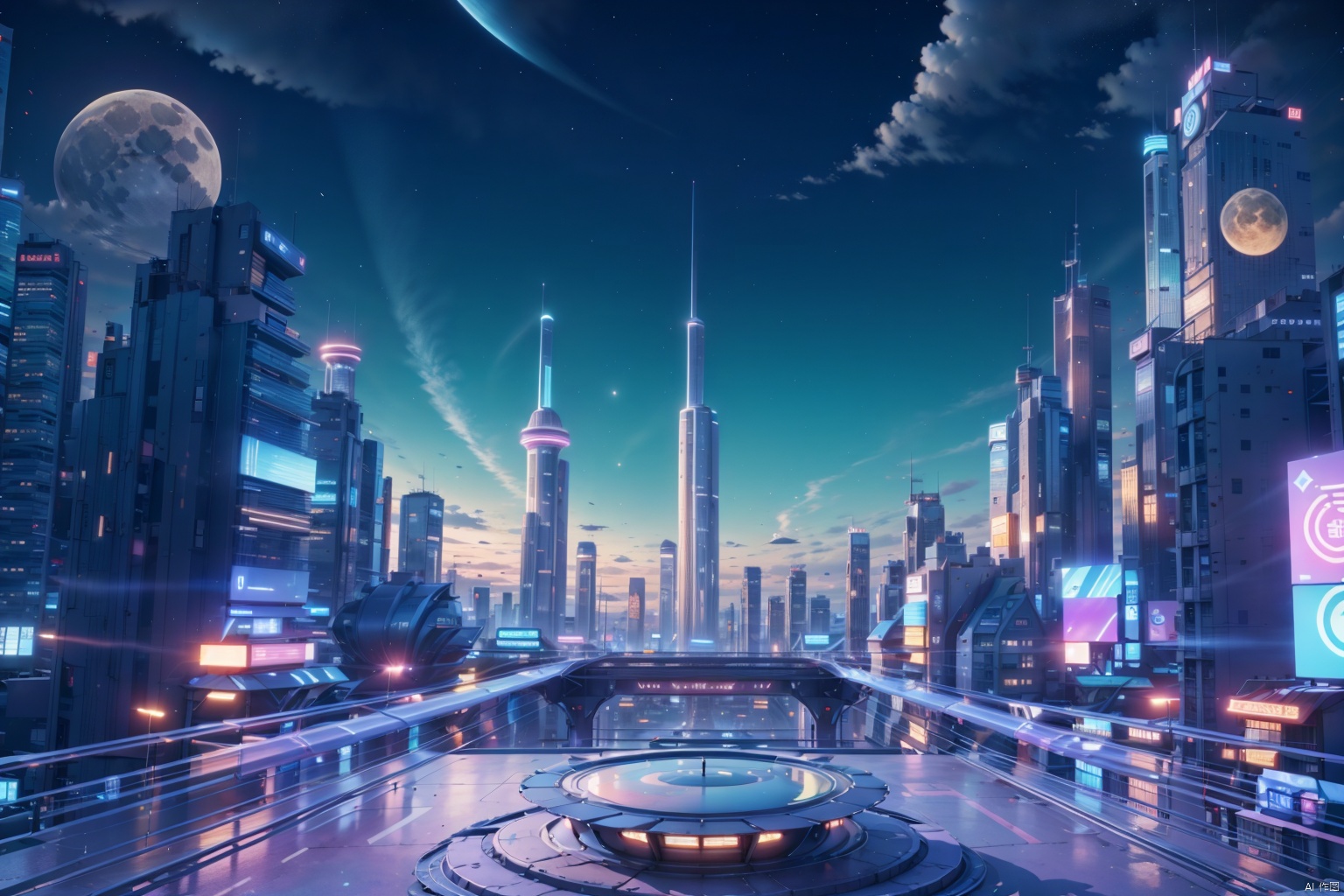  The image shows a futuristic city with a large, domed building in the center. The moon is large and blue-green. The building is made of metal and glass, with intricate details and glowing lights. It is surrounded by smaller buildings, also made of metal and glass. The city is built on a desert planet, with rocky outcroppings and sparse vegetation. There are no people v