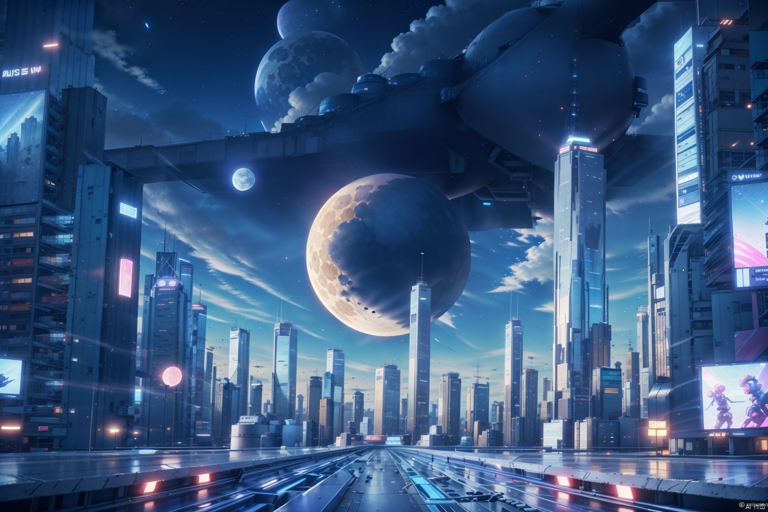  A large, cylindrical building dominates the skyline of a city on a distant planet. The building is made of metal and has a complex, geometric design. It is surrounded by other tall buildings and a bustling city. The sky is dark, and there are stars and a blue moon in the distance.