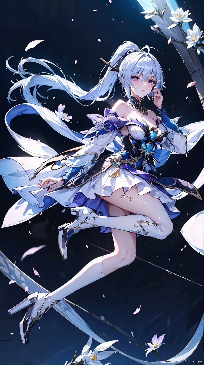  Beautiful Girl, long hair, high ponytail, light purple skirt, white silk slim stockings , collarbone, full body, off shoulder, white dress, high heels, petals, white footwear, antenna hair, hand on own face, off-shoulder dress, yeqinxian, lactation