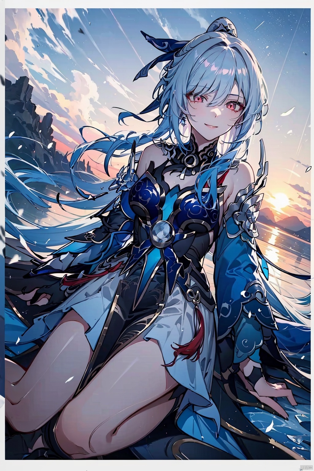  Best quality,(masterpiece:1.2),lensflare,close-up,sparkle,Dutch angle,(depth of field),(lensflare)

blue sky,border,child,cloud,cloudy sky,dusk,evening,fire,gradient sky,holding strap,horizon,mountain,ocean,orange sky,outdoors,,seagull,,sky,smile,sun,sunset,twilight,

(1girl:1.5), jingliu (honkai: star rail),best_quality,head,original_outfit,(hanfu),ice flower,clear details,clear details,red eyes,blue hair,silver hair,long hair,big eyes ,(liquid clothes),girl,Chinese style,(black dress),(liquid dress)
,choker,breasts,ponytail, sexy,(mid clot:1.5),bare feet, jingliu