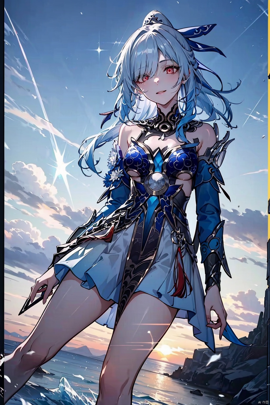  Best quality,(masterpiece:1.2),lensflare,close-up,sparkle,Dutch angle,(depth of field),(lensflare)

blue sky,border,child,cloud,cloudy sky,dusk,evening,fire,gradient sky,holding strap,horizon,mountain,ocean,orange sky,outdoors,,seagull,,sky,smile,sun,sunset,twilight,

(1girl:1.5), jingliu (honkai: star rail),best_quality,head,original_outfit,(hanfu),ice flower,clear details,clear details,red eyes,blue hair,silver hair,long hair,big eyes ,(liquid clothes),girl,Chinese style,(black dress),(liquid dress)
,choker,breasts,ponytail, sexy,(mid clot:1.5),bare feet, jingliu