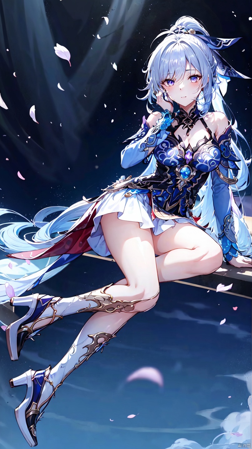  Beautiful Girl, long hair, high ponytail, light purple skirt, white silk slim stockings , collarbone, full body, off shoulder, white dress, high heels, petals, white footwear, antenna hair, hand on own face, off-shoulder dress, yeqinxian, lactation