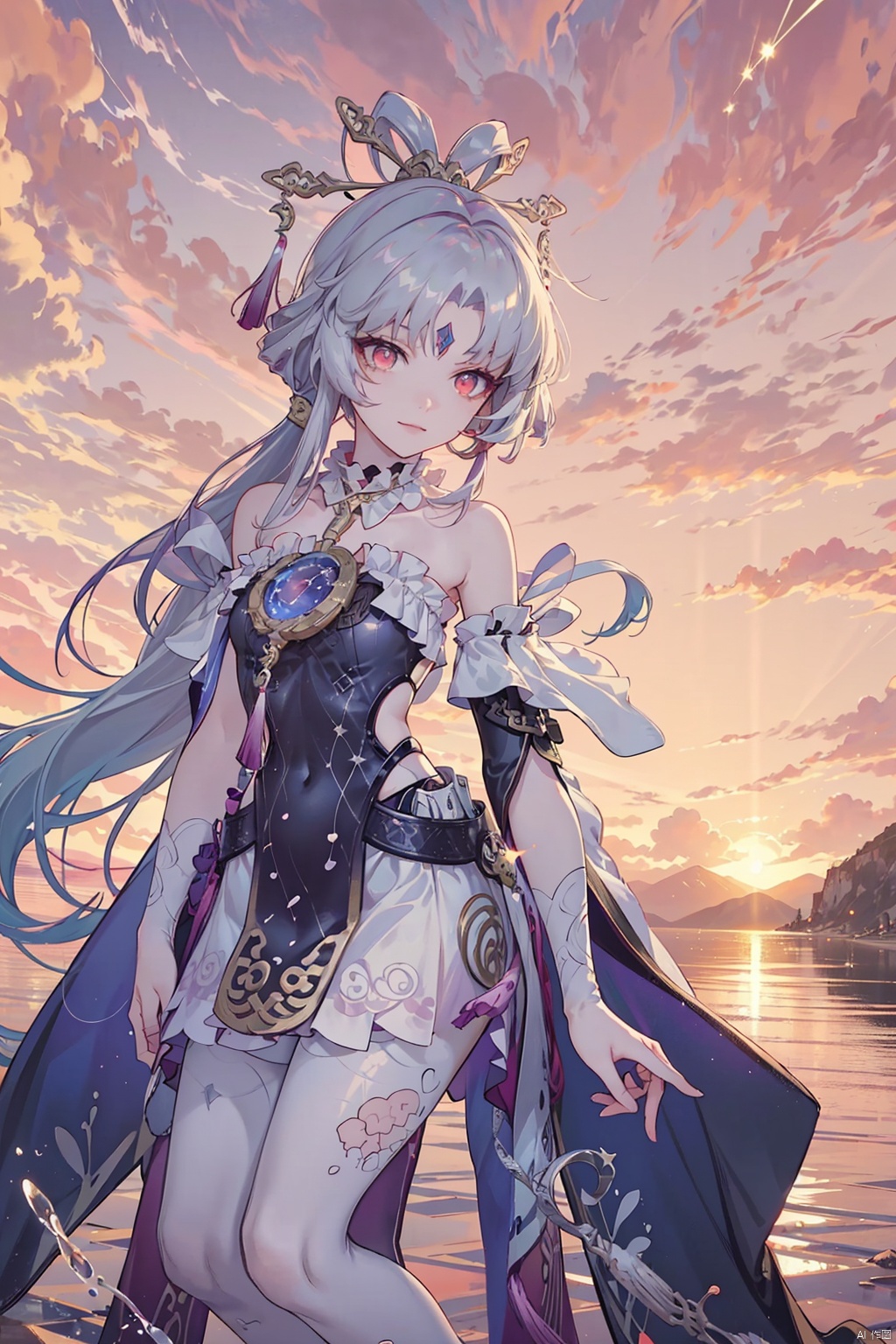  Best quality,(masterpiece:1.2),lensflare,close-up,sparkle,Dutch angle,(depth of field),(lensflare)

blue sky,border,child,cloud,cloudy sky,dusk,evening,fire,gradient sky,holding strap,horizon,mountain,ocean,orange sky,outdoors,,seagull,,sky,smile,sun,sunset,twilight,

(1girl:1.5), jingliu (honkai: star rail),best_quality,head,original_outfit,(hanfu),ice flower,clear details,clear details,red eyes,blue hair,silver hair,long hair,big eyes ,(liquid clothes),girl,Chinese style,(black dress),(liquid dress)
,choker,breasts,ponytail, sexy,(mid clot:1.5),bare feet, jingliu, yeqinxian