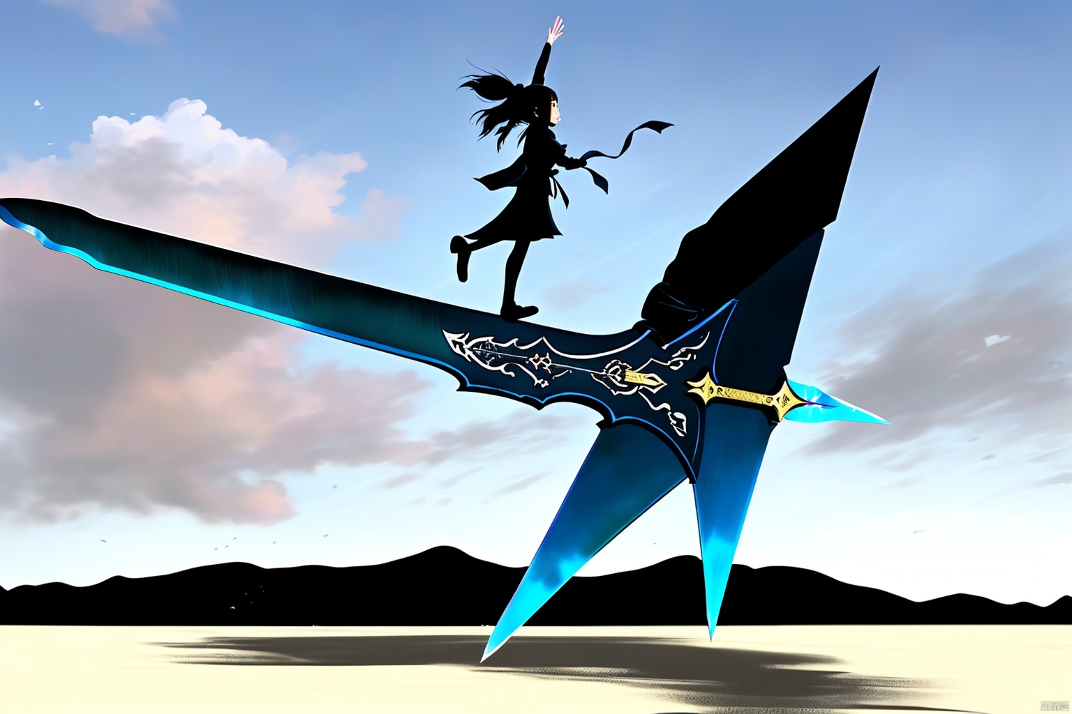 Sister Jian Xian stepped on the giant sword that was flat in the air and flew.The giant sword was placed horizontally in the air,, and the girl stepped on the middle of the body of the giant sword.The Great Sword carries the girl in parallel flight.(The great sword lies flat in the air, pointed to the left.)