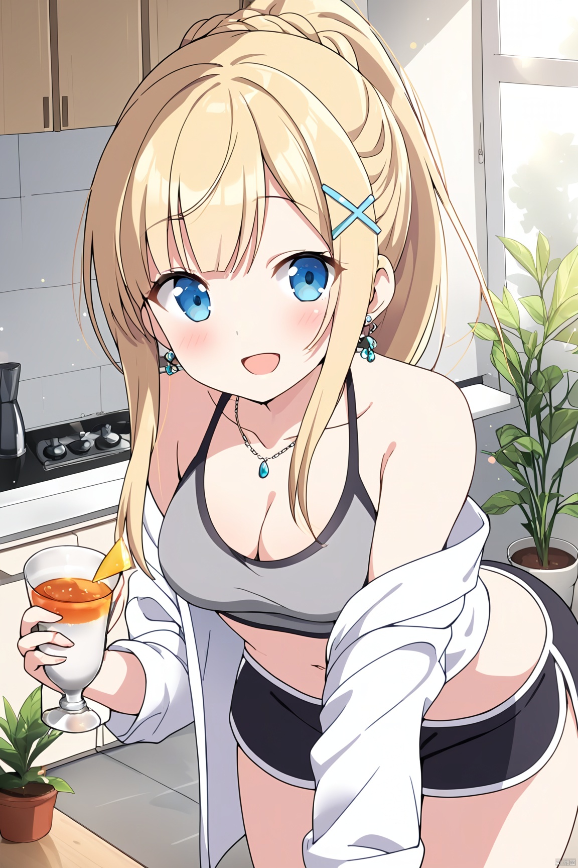 1girl, solo, long hair, breasts, looking at viewer, blush, smile, open mouth, bangs, blue eyes, blonde hair, shirt, hair ornament, navel, holding, cleavage, bare shoulders, jewelry, medium breasts, standing, collarbone, white shirt, ponytail, braid, :d, sidelocks, cowboy shot, earrings, food, open clothes, shorts, midriff, indoors, necklace, off shoulder, stomach, cup, crop top, short shorts, open shirt, leaning forward, black shorts, sunlight, x hair ornament, plant, holding cup, grey shirt, sports bra, potted plant, kitchen, dolphin shorts,f_y