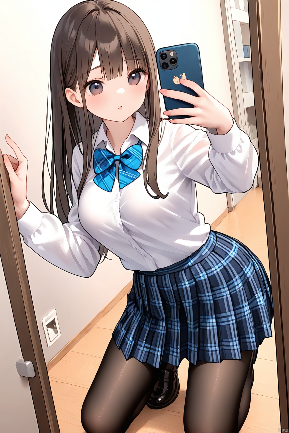  1girl, solo, long hair, breasts, skirt, brown hair, shirt, black hair, long sleeves, bow, school uniform, white shirt, pantyhose, pleated skirt, indoors, bowtie, black footwear, plaid, kneeling, blue bow, plaid skirt, smartphone, holding phone, blue bowtie, shirt tucked in, selfie, f_y