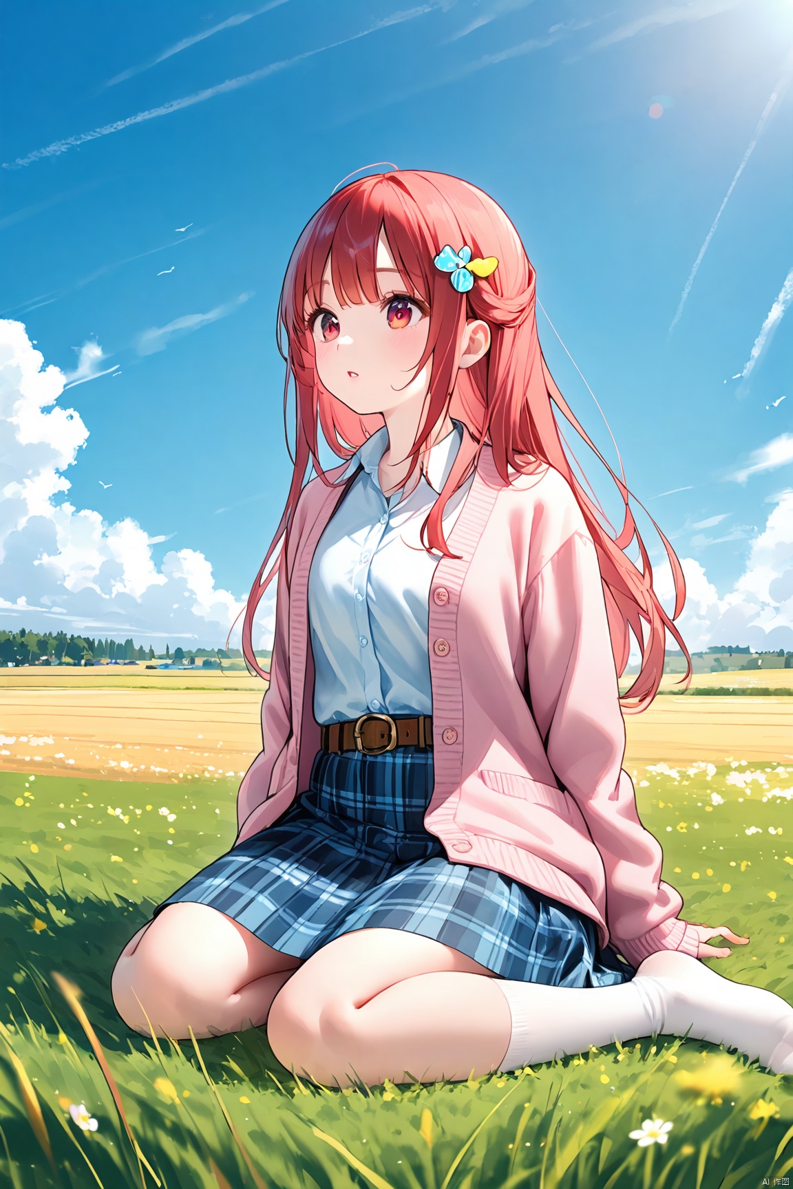 1girl, solo, long hair, bangs, skirt, red hair, shirt, hair ornament, long sleeves, brown eyes, sitting, jacket, outdoors, parted lips, open clothes, sky, day, socks, collared shirt, belt, cloud, blue sky, blue skirt, plaid, kneehighs, plaid skirt, cardigan, pink jacket, field, f_y