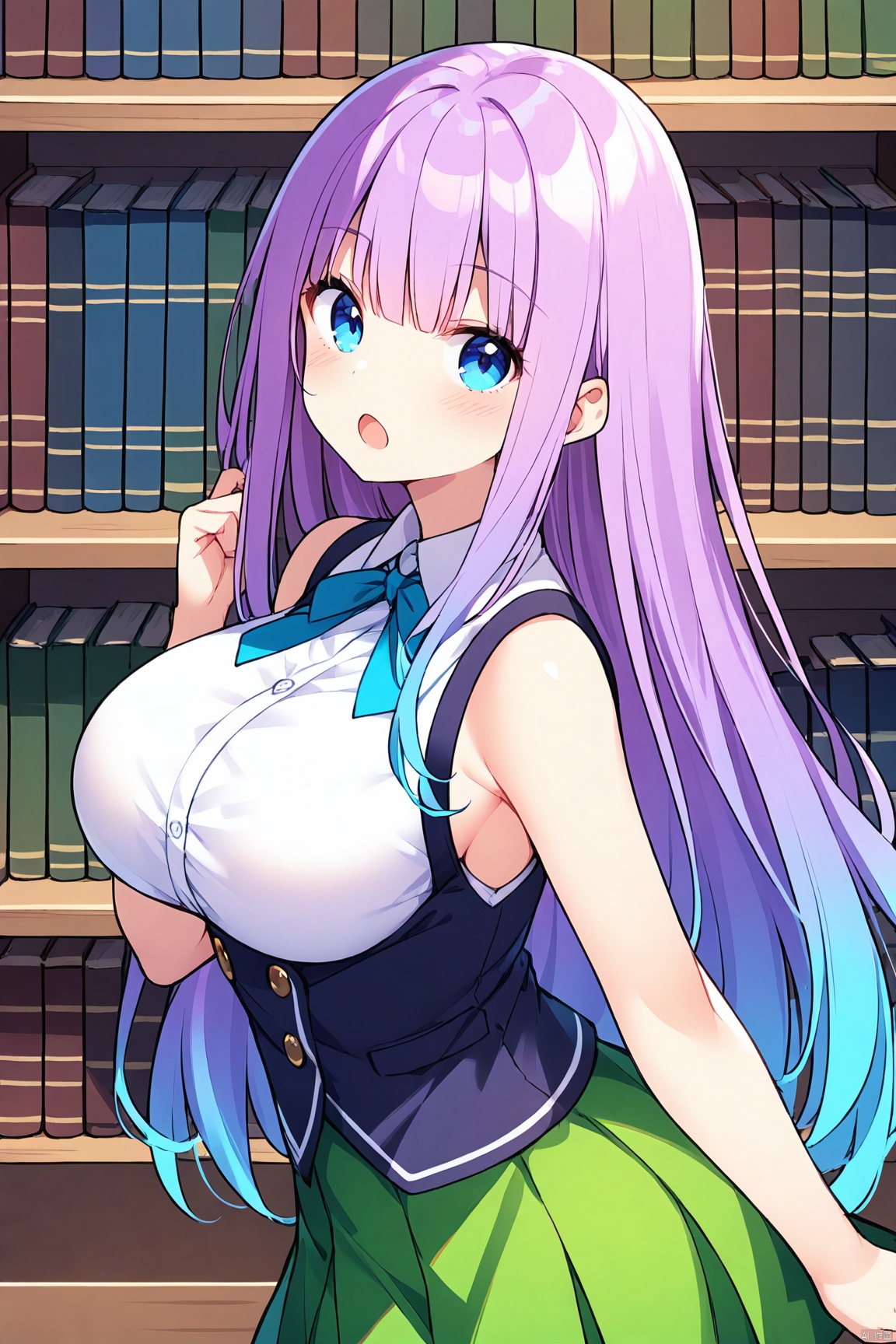 1girl, solo, long hair, breasts, looking at viewer, open mouth, blue eyes, skirt, large breasts, shirt, purple hair, multicolored hair, sleeveless, book, gradient hair, green skirt, bookshelf, f_y