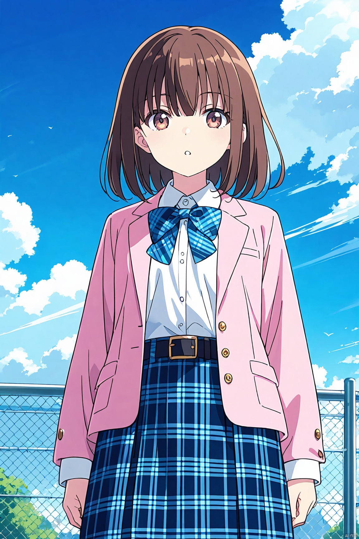 1girl, solo, looking at viewer, bangs, skirt, brown hair, shirt, long sleeves, bow, brown eyes, standing, jacket, white shirt, outdoors, parted lips, sky, day, collared shirt, belt, cloud, medium hair, blue sky, blue skirt, plaid, plaid skirt, shirt tucked in, pink jacket, anime, f_y