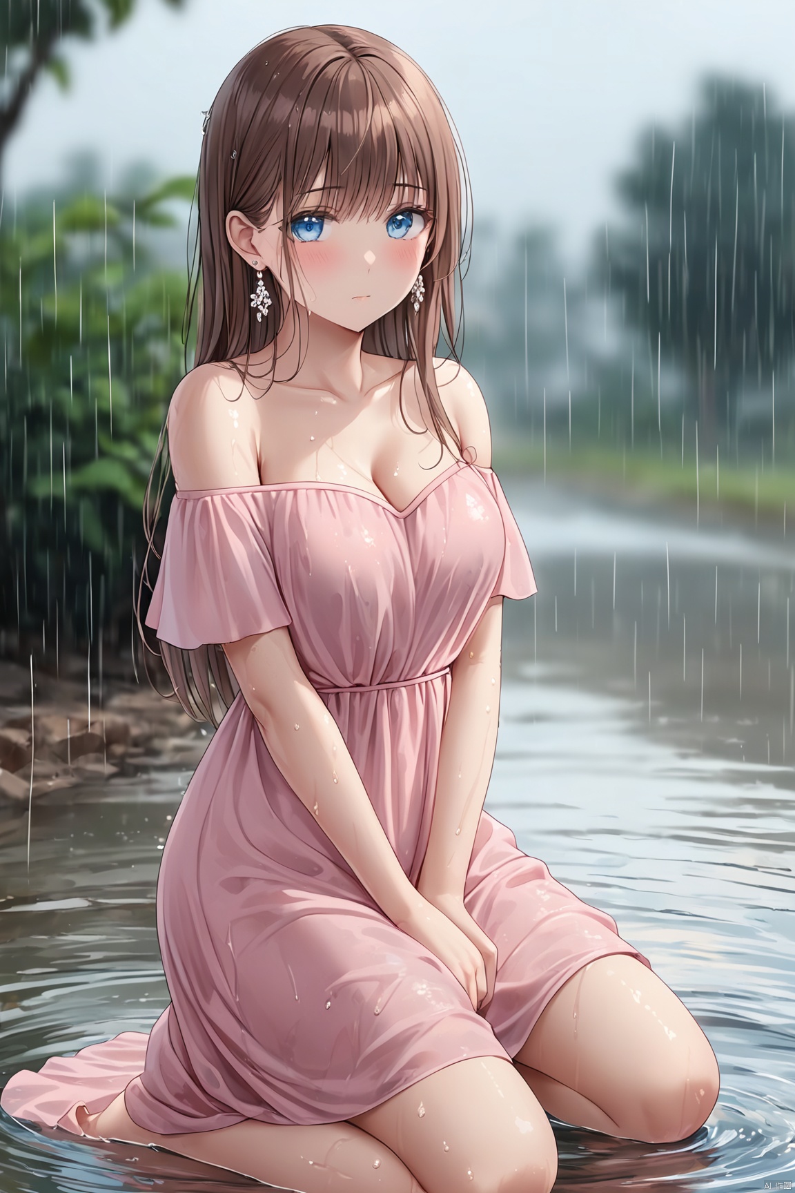1girl, solo, long hair, breasts, looking at viewer, blush, bangs, blue eyes, brown hair, dress, cleavage, bare shoulders, jewelry, medium breasts, closed mouth, collarbone, full body, earrings, outdoors, water, off shoulder, blurry, wet, kneeling, blurry background, wet clothes, pink dress, rain, off-shoulder dress,f_ye