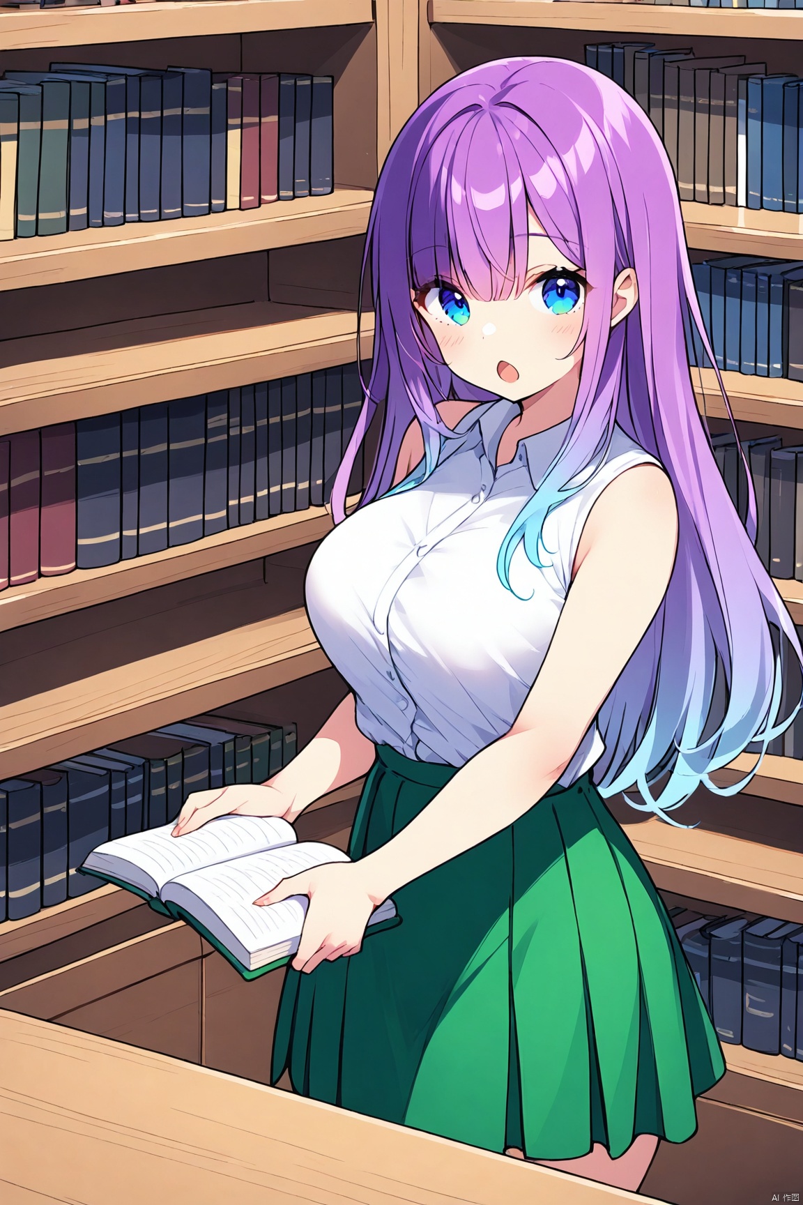 1girl, solo, long hair, breasts, looking at viewer, open mouth, blue eyes, skirt, large breasts, shirt, purple hair, multicolored hair, sleeveless, book, gradient hair, green skirt, bookshelf, f_y