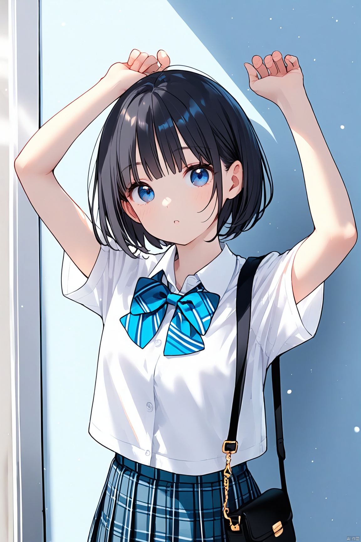 1girl, solo, looking at viewer,short hair, skirt, black hair, shirt, bow, school uniform, white shirt, short sleeves, bowtie, bag, arms up, plaid, blue bow, plaid skirt,f_y