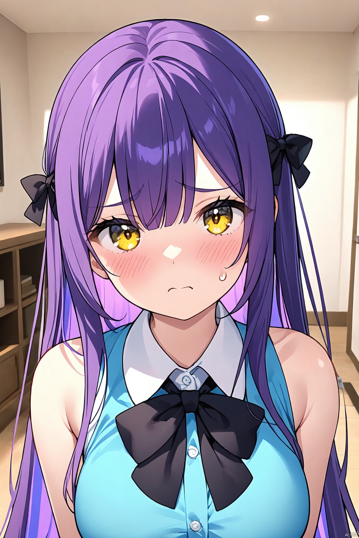 1girl, solo, long hair, breasts, looking at viewer, blush, bangs, large breasts, shirt, bow, ribbon, bare shoulders, closed mouth, yellow eyes, upper body, purple hair, hair bow, multicolored hair, sleeveless, collared shirt, indoors, bowtie, sweatdrop, two-tone hair, sleeveless shirt, black bow, frown, blue shirt, black bowtie, colored inner hair