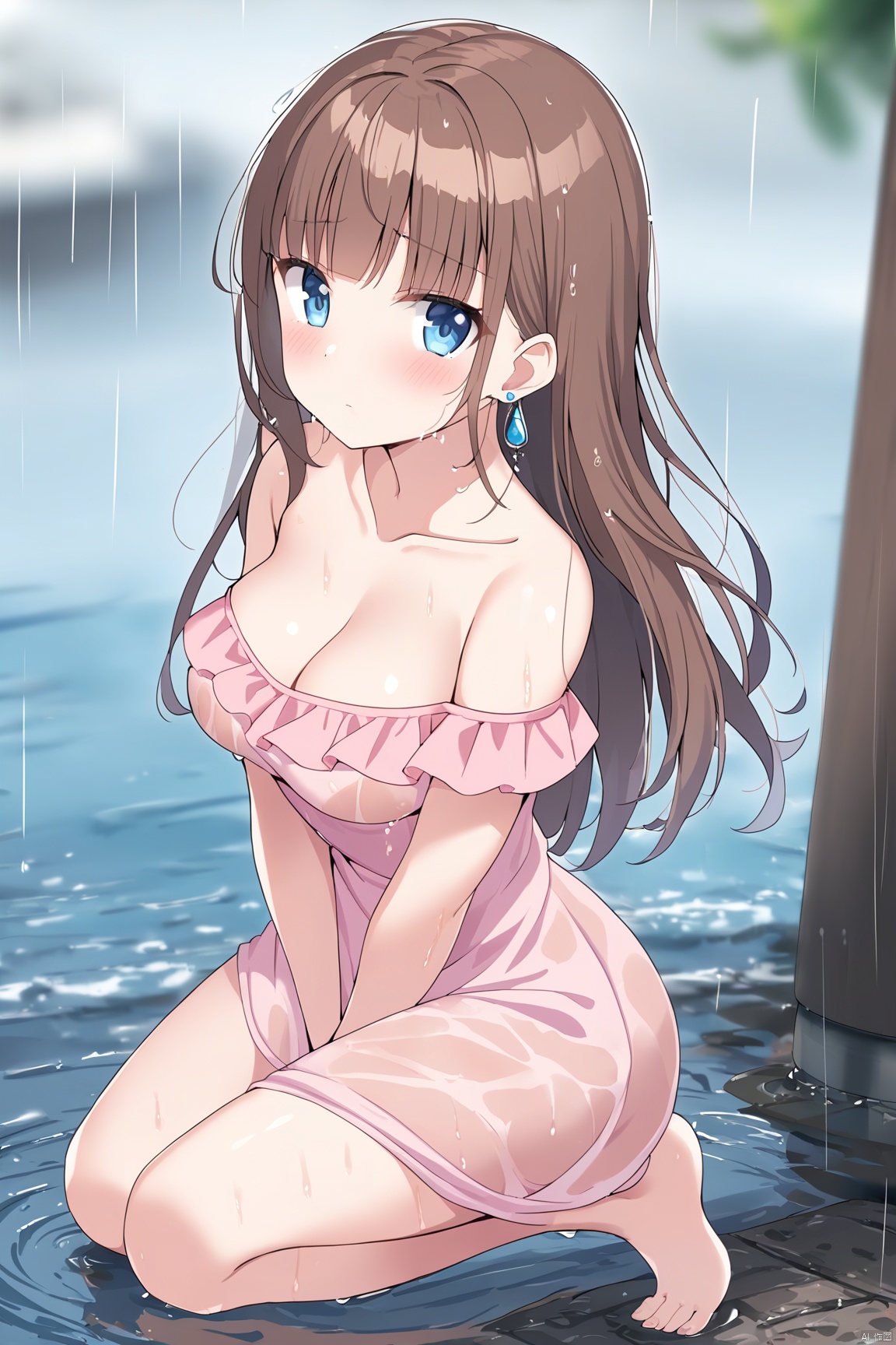 1girl, solo, long hair, breasts, looking at viewer, blush, bangs, blue eyes, brown hair, dress, cleavage, bare shoulders, jewelry, medium breasts, closed mouth, collarbone, full body, earrings, outdoors, water, off shoulder, blurry, wet, kneeling, blurry background, wet clothes, pink dress, rain, off-shoulder dress,f_ye