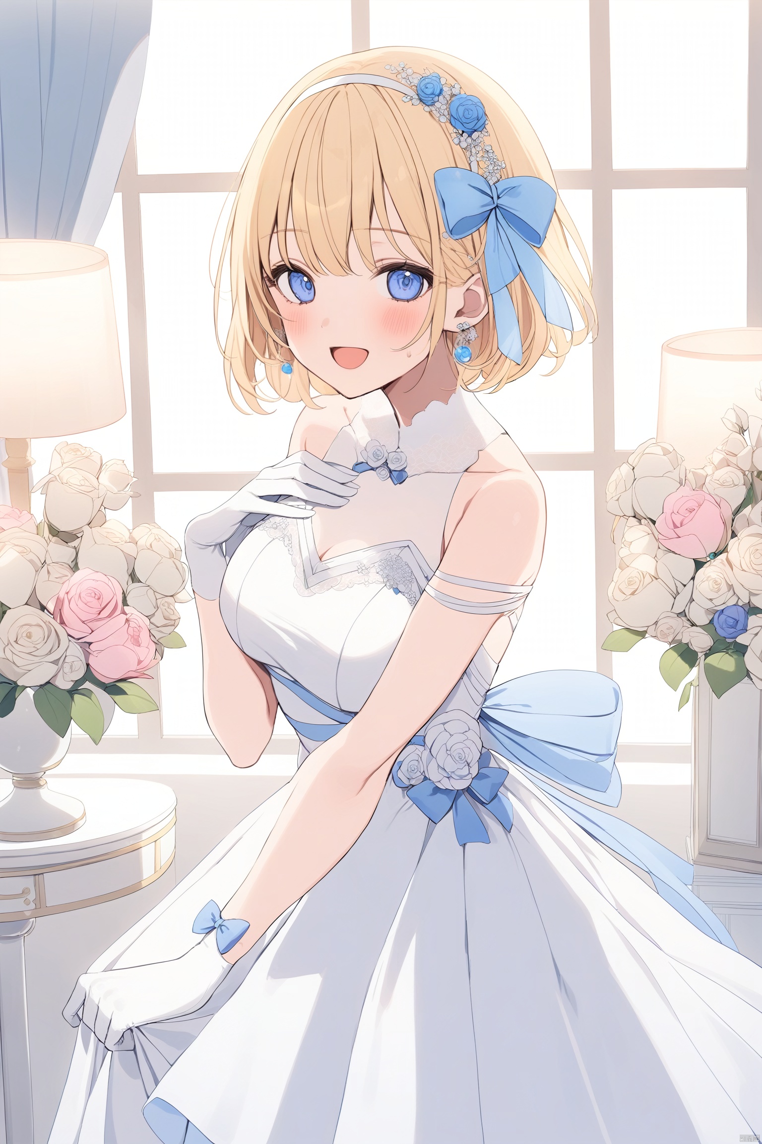  1girl, solo, short hair, breasts, looking at viewer, blush, smile, open mouth, bangs, blue eyes, blonde hair, hair ornament, dress, bow, bare shoulders, jewelry, standing, flower, hair bow, hairband, earrings, indoors, white dress, petals, window, blue bow, plant,（ white gloves）, potted plant, lamp