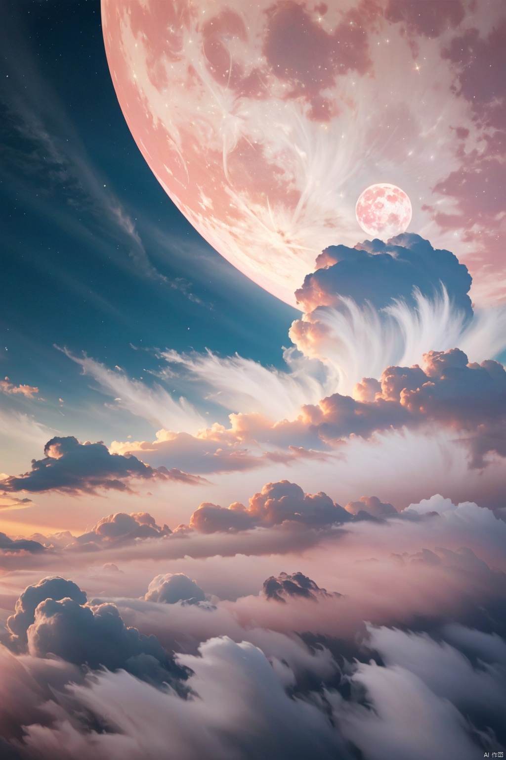 sky,Heart shape pink cloud,BREAK,fullmoon,stars ,Master, photography, artwork, minimalist style, Morandi color system