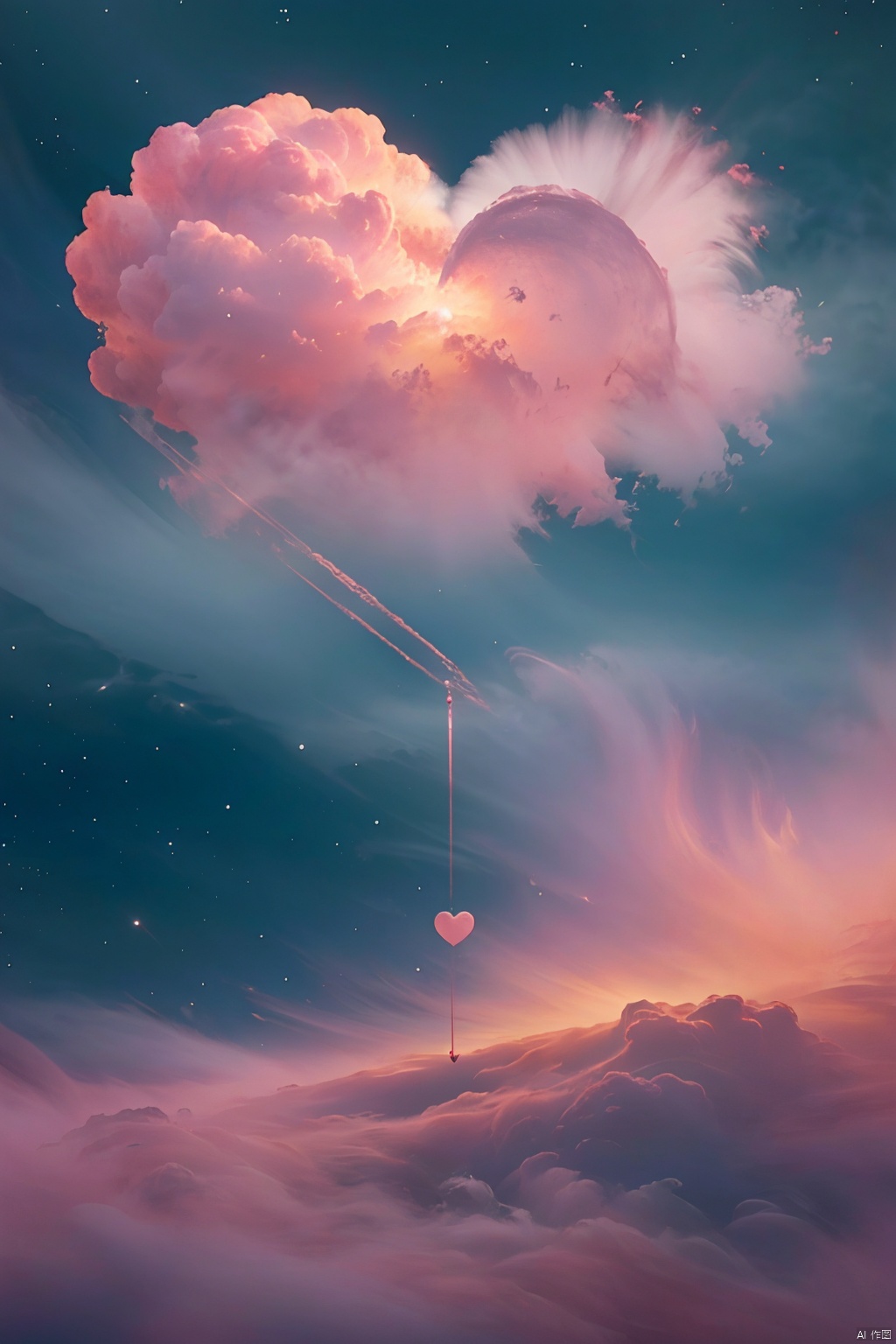  sky,Heart shape pink cloud,BREAK,stars ,Master, photography, artwork, minimalist style, Morandi color system