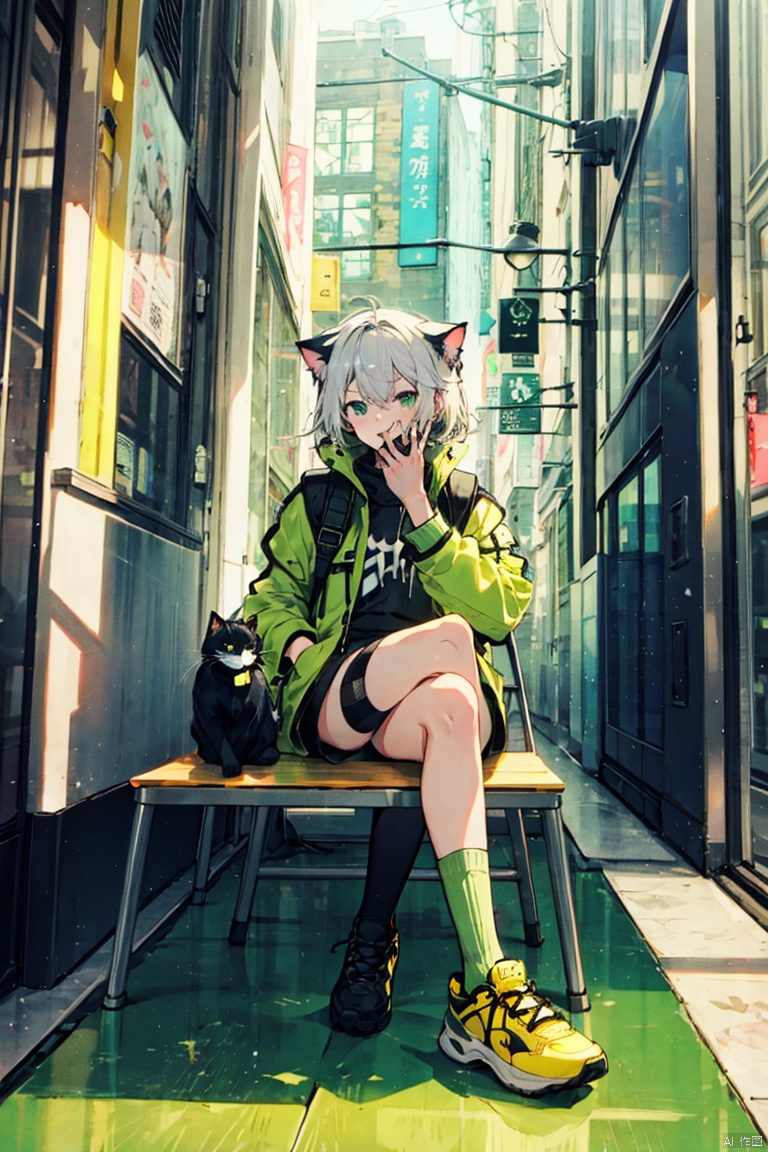 artist:chenbin,artist:tianliang duohe fangdongye,artist:wlop1girl, cat, green eyes, black cat, shoes, white hair, backpack, socks, looking at viewer, jacket, solo, sitting, sneakers, bag, bangs, green jacket, medium hair, animal, green theme, crossed legs, green socks, shirt,solo,1girl