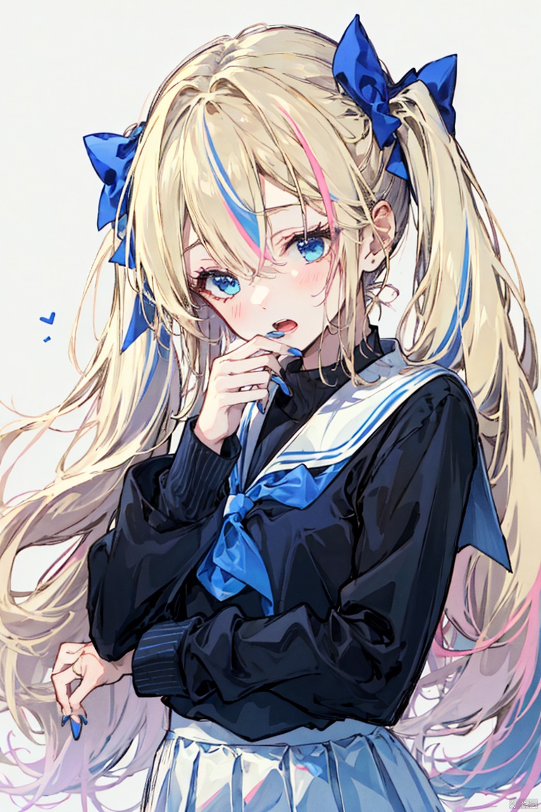  quad tails, 1girl, solo, bow, hair bow, pink hair, blue eyes, sailor collar, multicolored hair, long sleeves, blue hair, school uniform, bangs, serafuku, purple bow, blue bow, shirt, multicolored nails, long hair, twintails, blue shirt, blonde hair, heart, upper body, pink bow, open mouth, looking down, blue nails, nail polish, white pantyhose,1girl