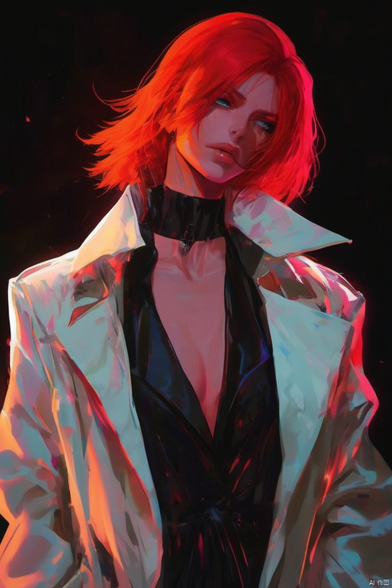 Beautiful Beauty White Trench Coat Deep V Movie Lighting Anime Character Redhead Lighting Effects 2D Hook Line Cyberpunk Black Background